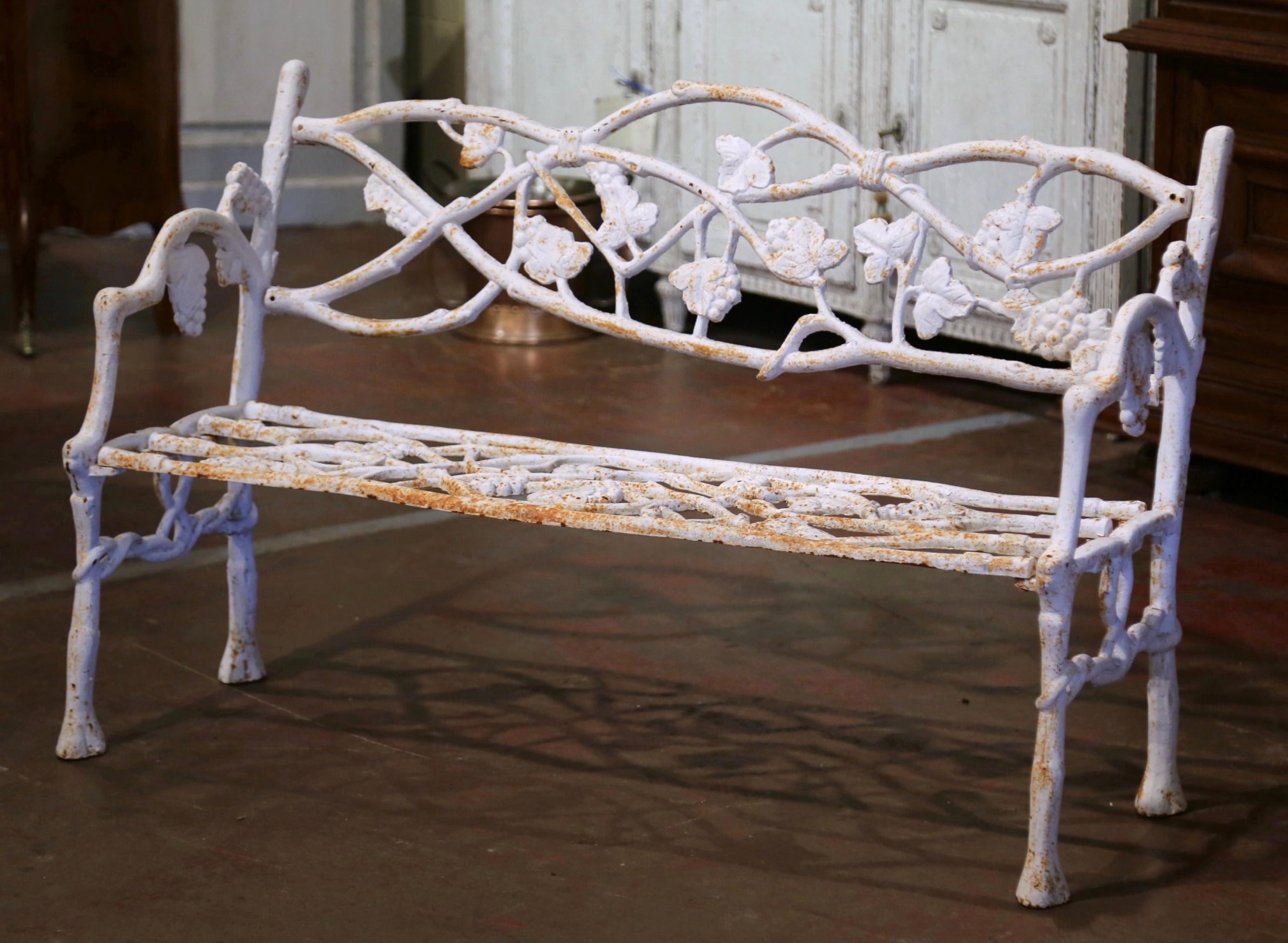 Hand-Crafted Early 20th Century French White Painted Cast Iron Garden Bench with Vine Motifs
