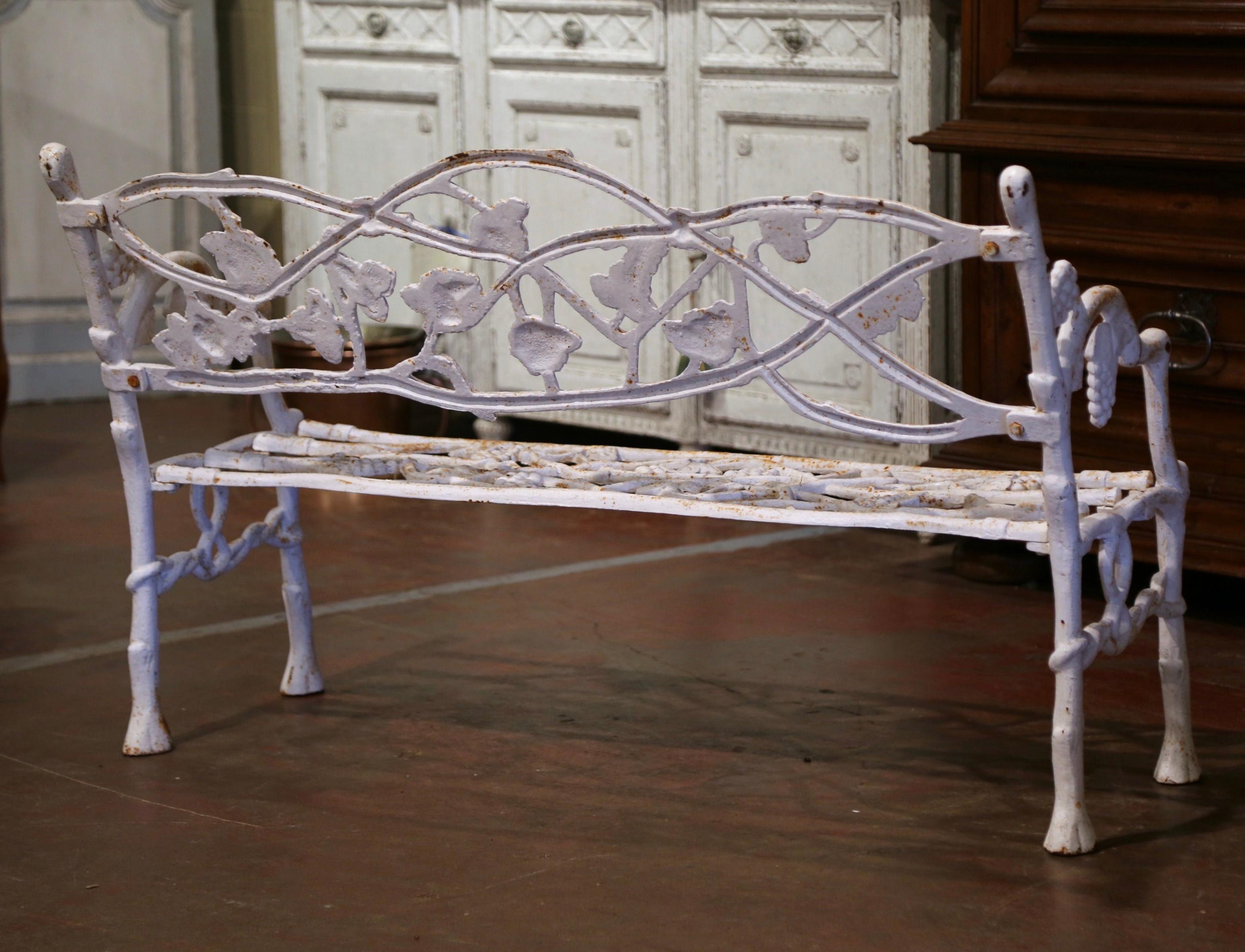 Early 20th Century French White Painted Cast Iron Garden Bench with Vine Motifs 2