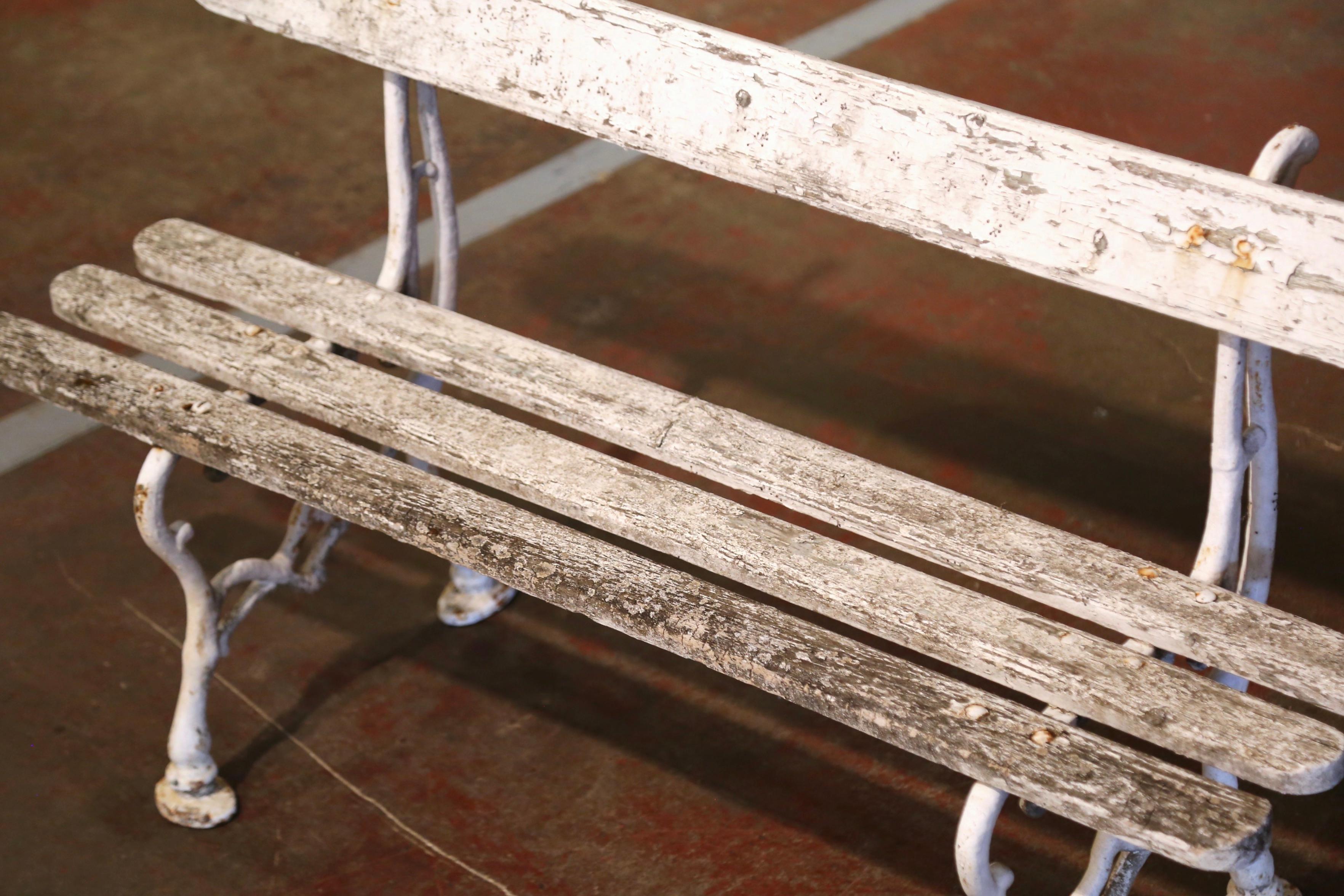 Hand-Crafted Early 20th Century French White Painted Wood and Cast Iron Garden Bench