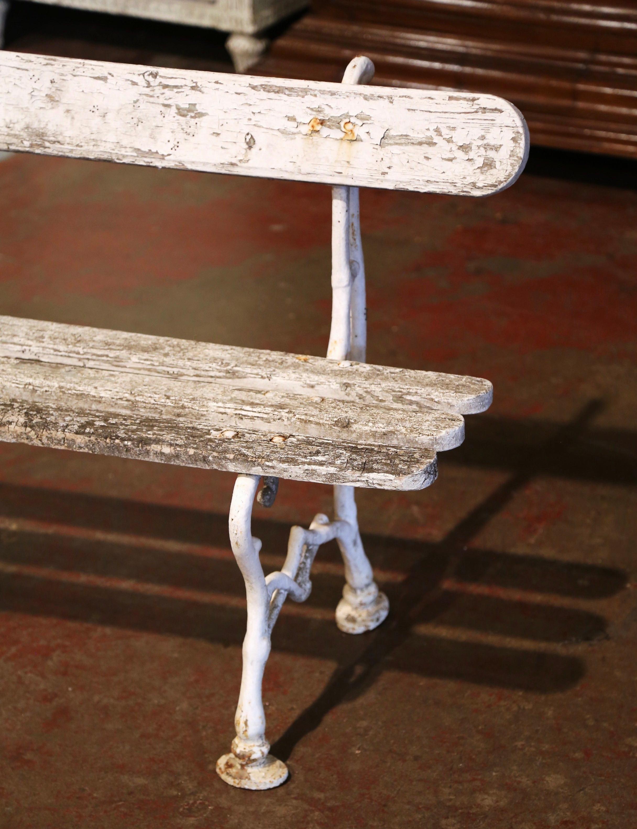 Early 20th Century French White Painted Wood and Cast Iron Garden Bench 1
