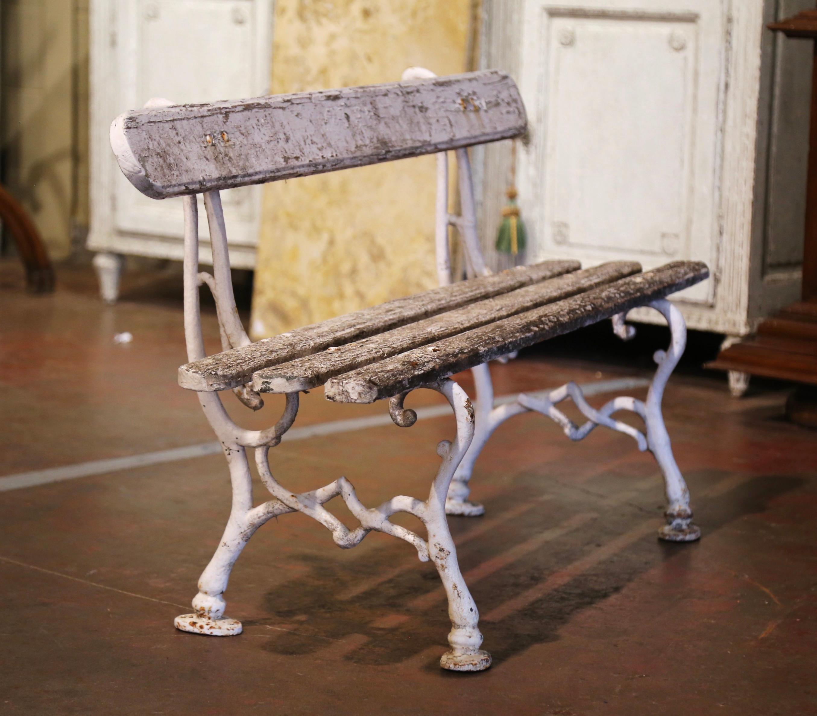 Early 20th Century French White Painted Wood and Cast Iron Garden Bench 2