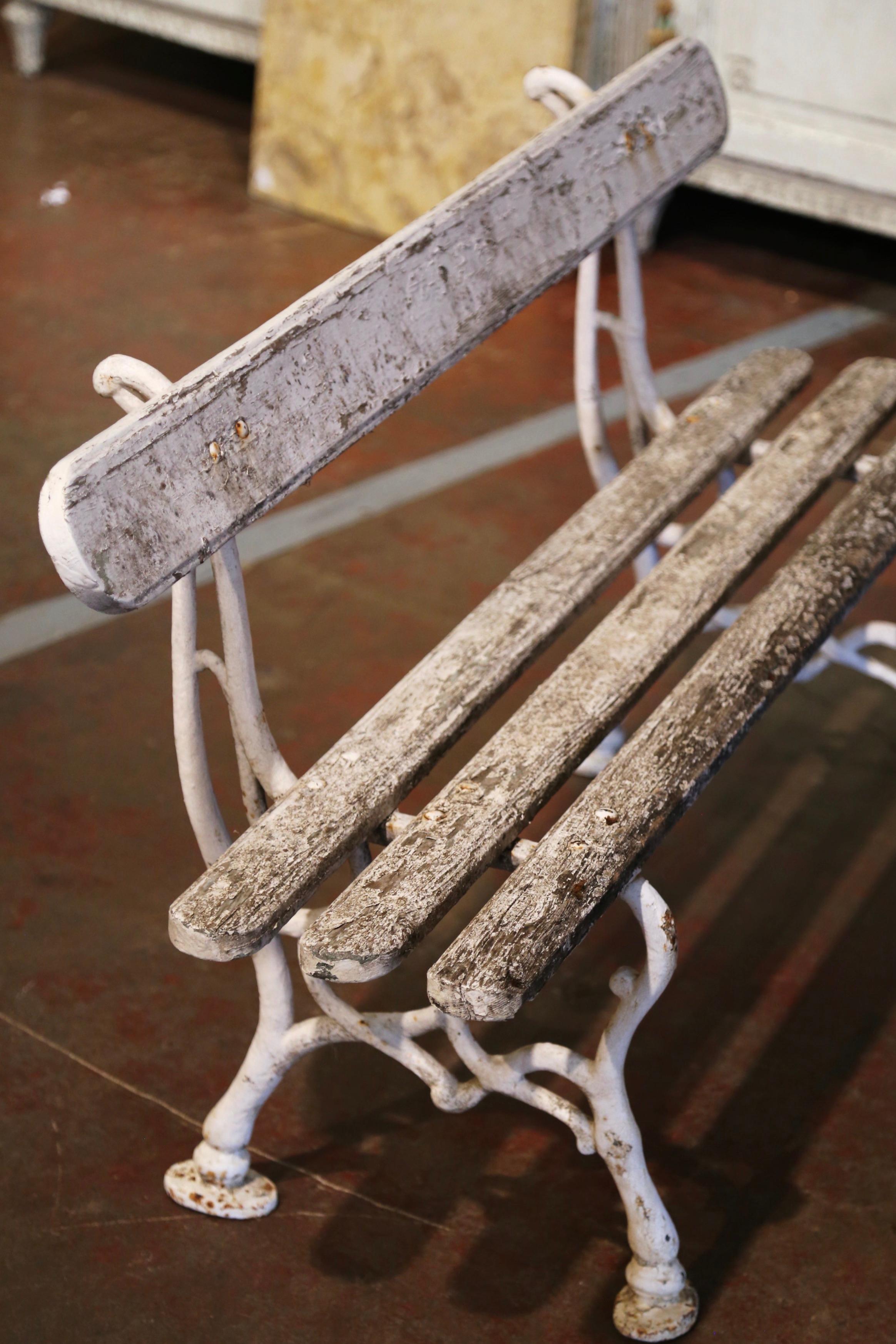 Early 20th Century French White Painted Wood and Cast Iron Garden Bench 4