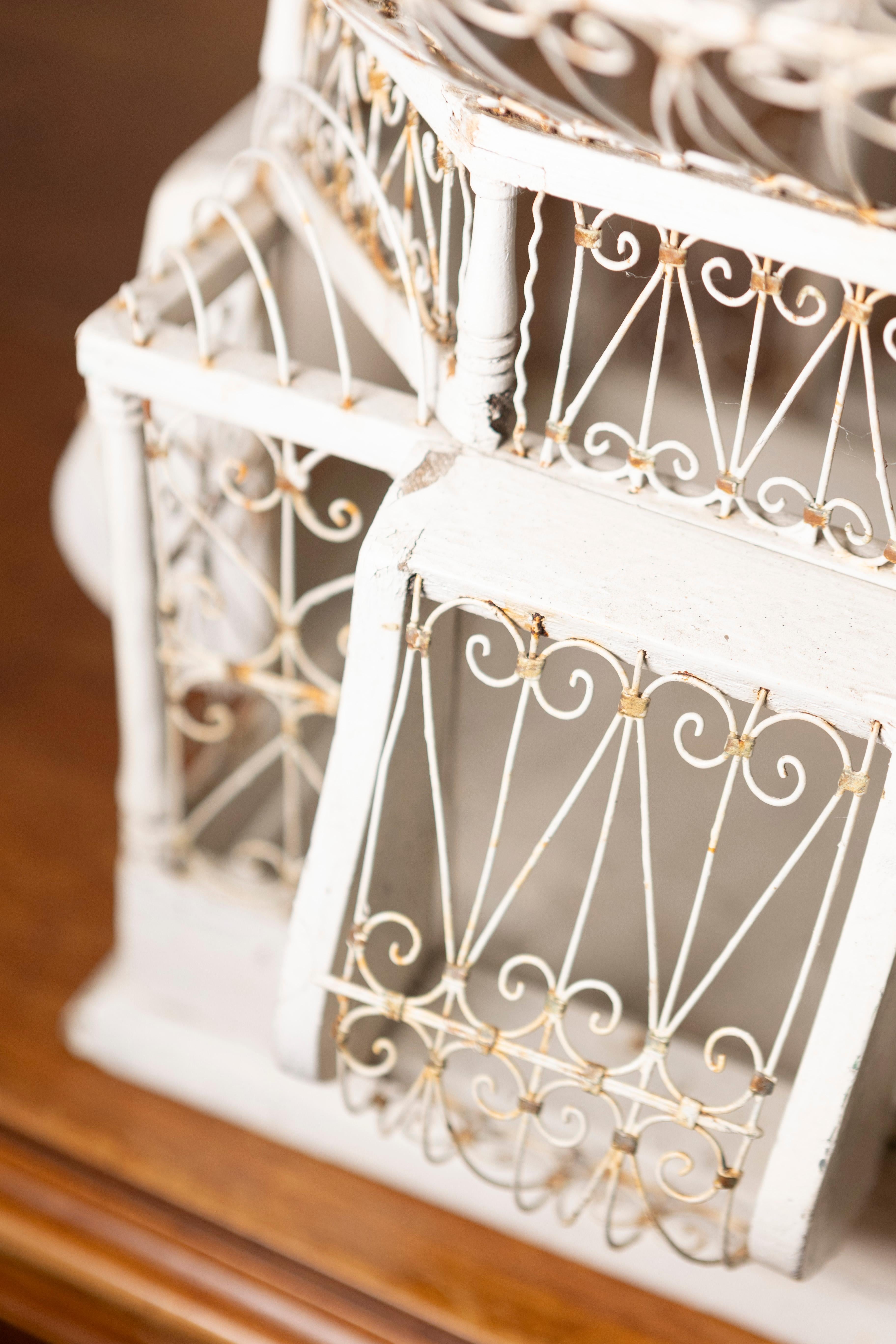 20th Century Early 20th-Century French White Wrought Iron Birdcage with Dome Top For Sale