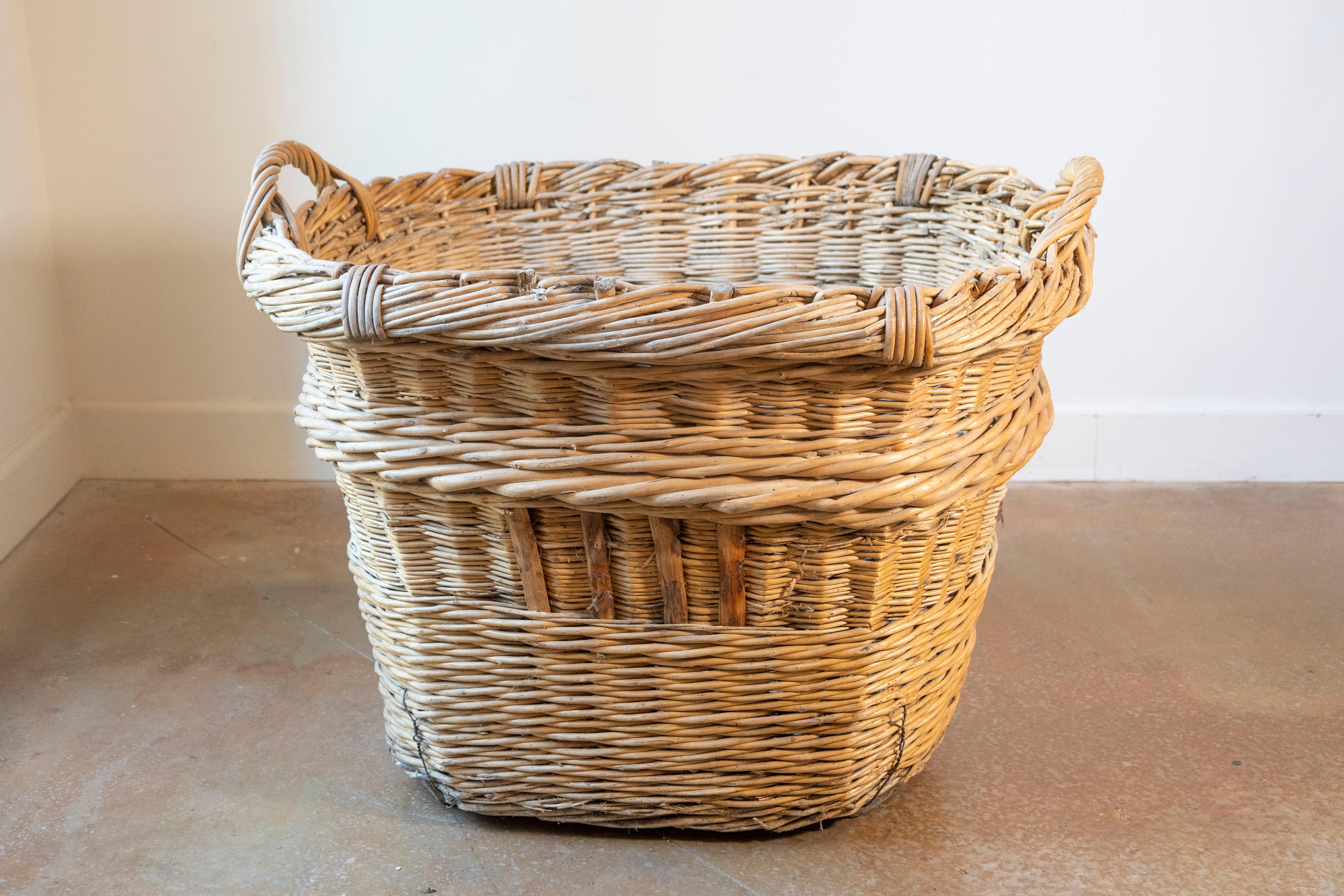 Un cesto per la vendemmia francese dell'inizio del XX secolo, abilmente intrecciato a mano in salice con una presenza robusta e consumata dal tempo. Originario dei vigneti della Francia rurale, questo cestino era un tempo una parte vitale del