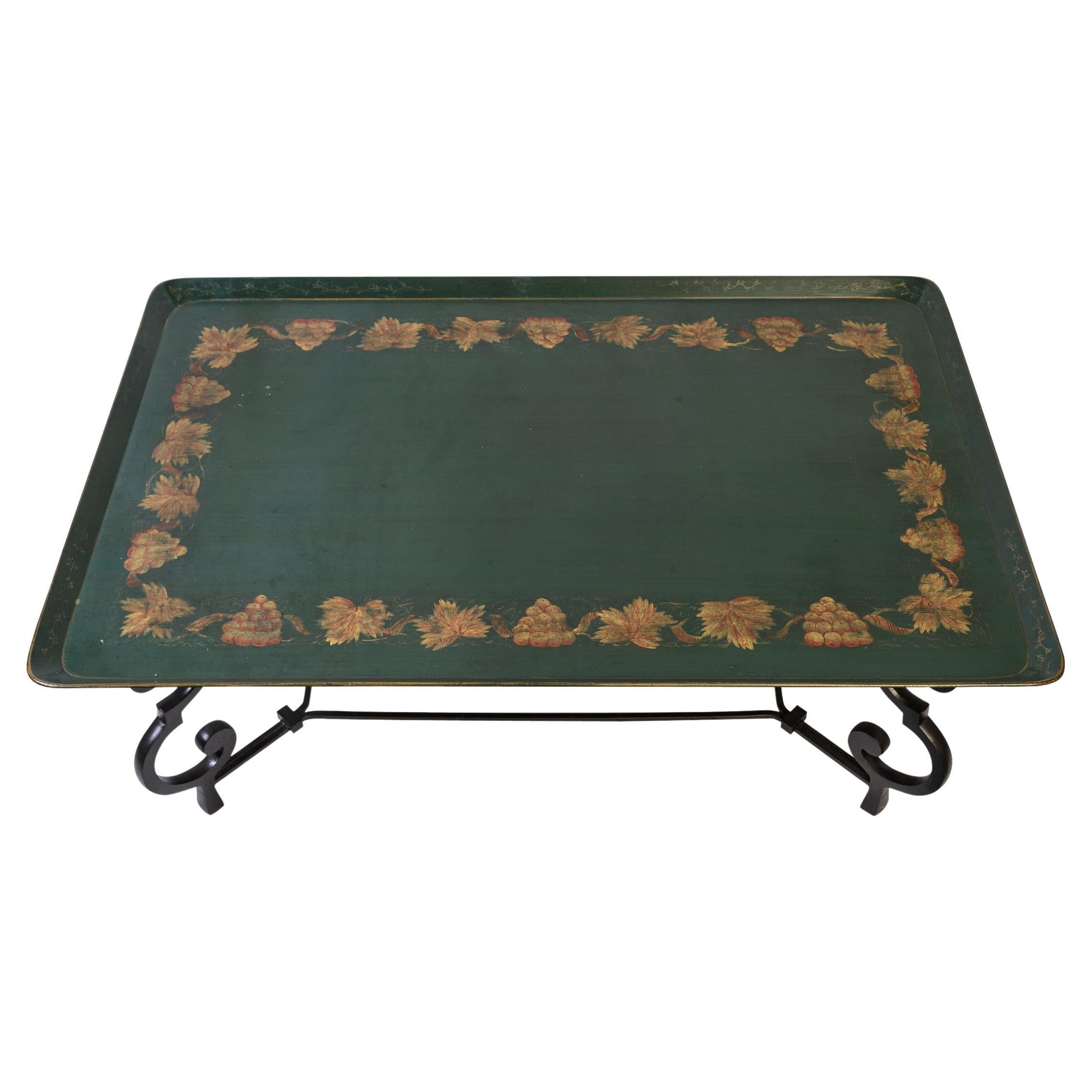 Early 20Th, C. Italian Tole Painted Wood Tray Top With Iron Base Coffee Table