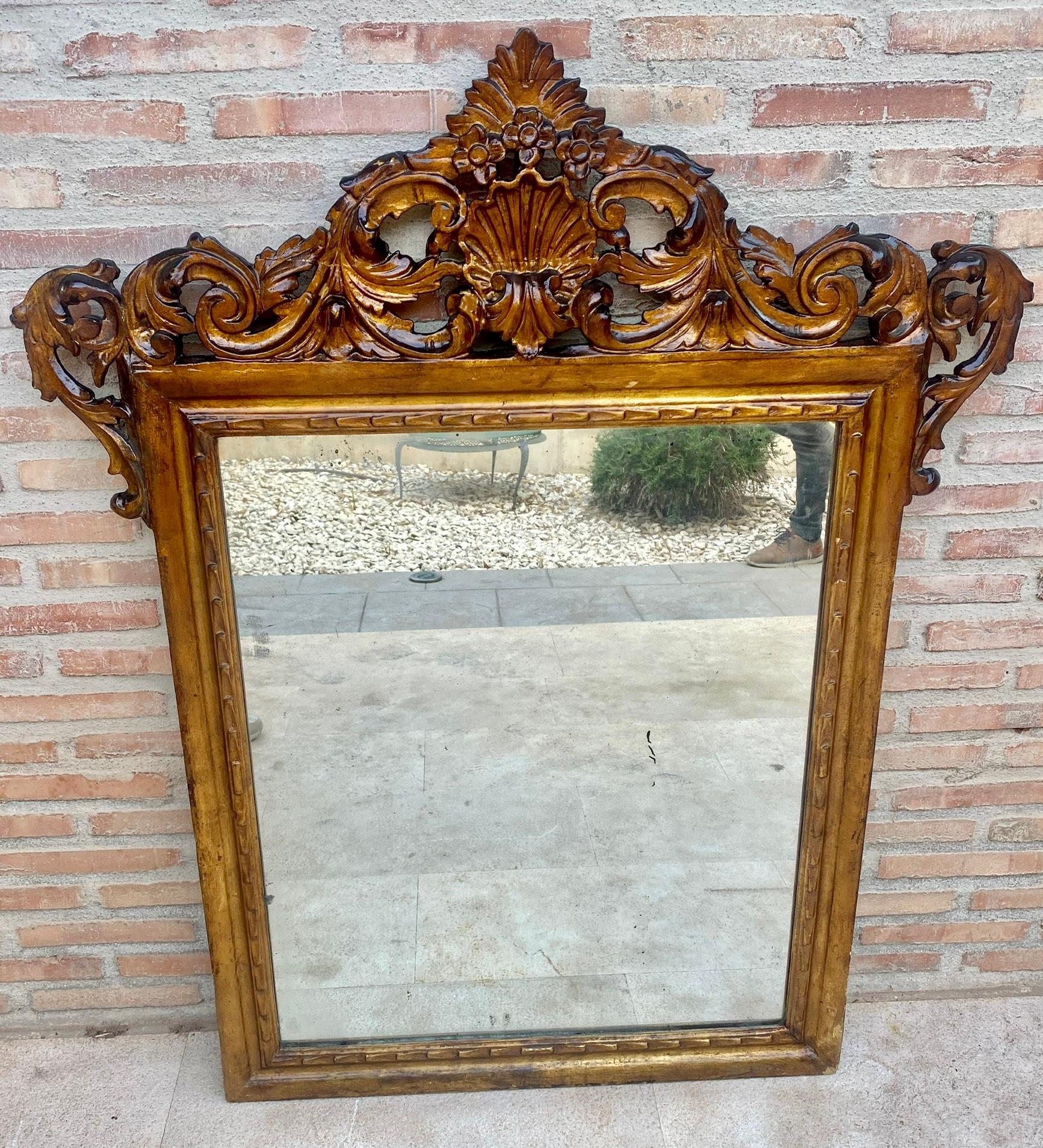 Early 20Th Century French Wood Wall Mirror.Antique French Hand Made Folk Art Gilt Mirror 1920