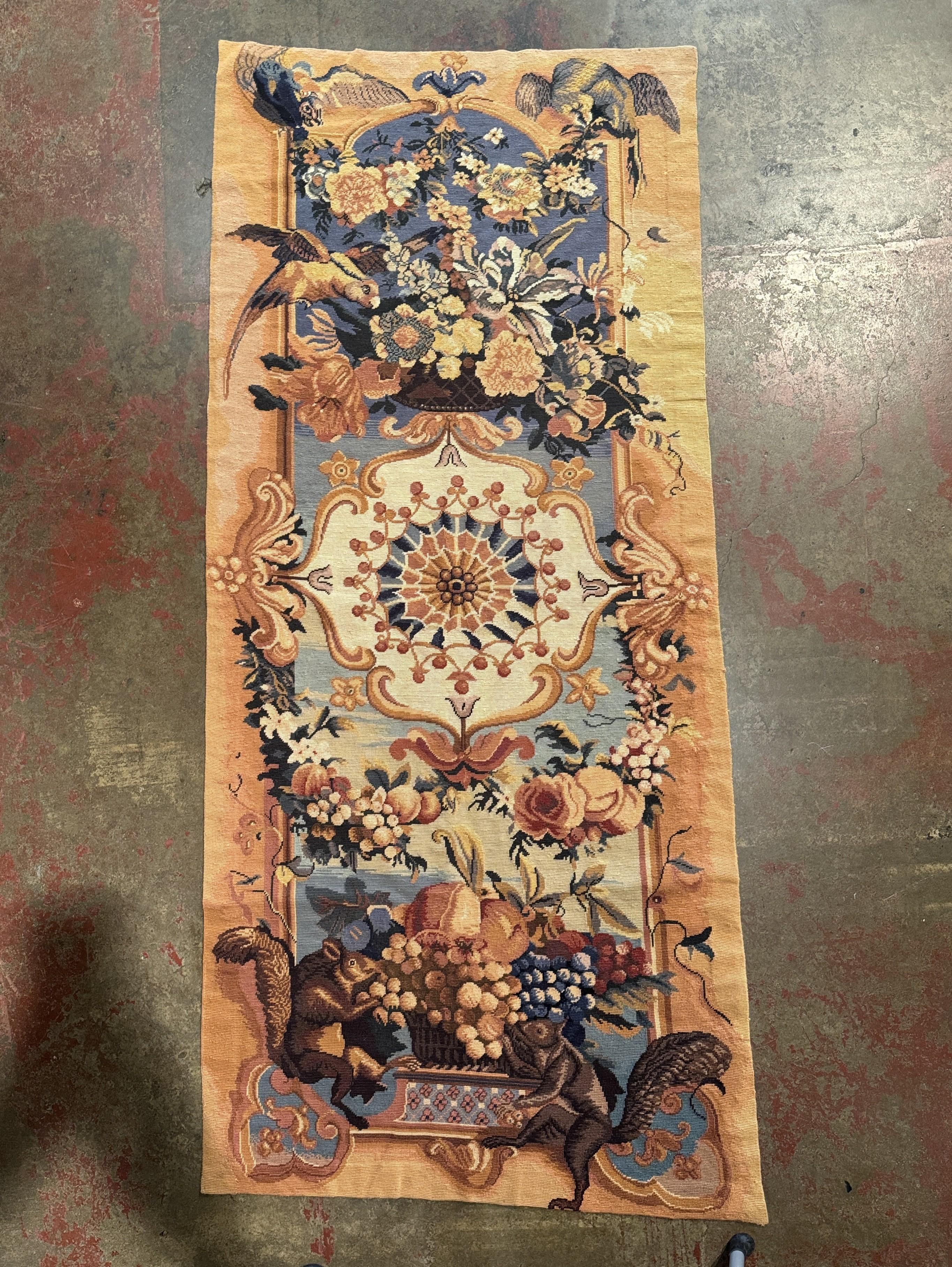 Early 20th Century French Woven Wall Tapestry with Birds, Florals & Squirrels For Sale 1