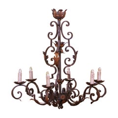 Early 20th Century French Wrought Iron Six-Light Chandelier with Gilt Leaves