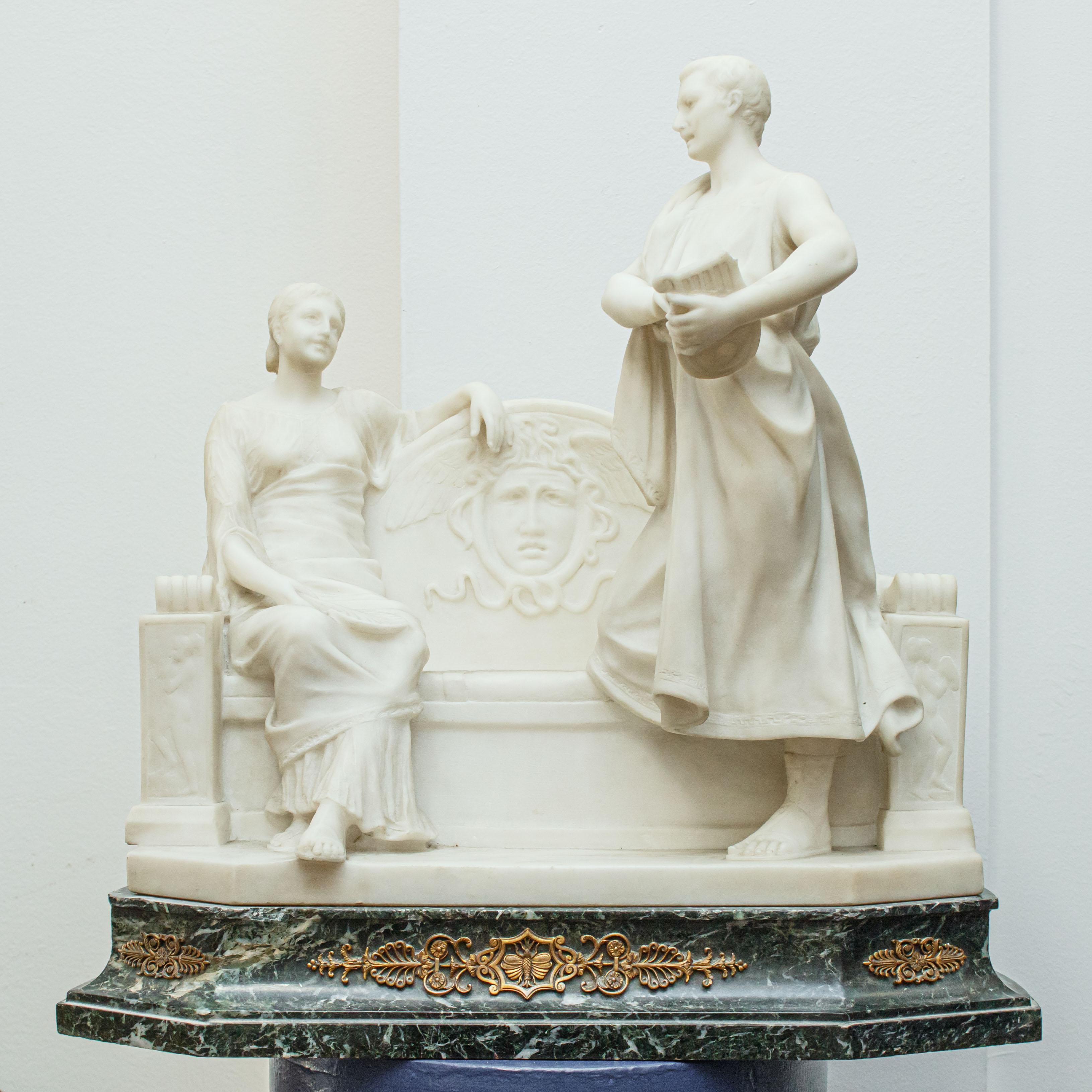 Early 20th Century Gallant Scene with Citadel White and Green Marble Sculpture For Sale 9
