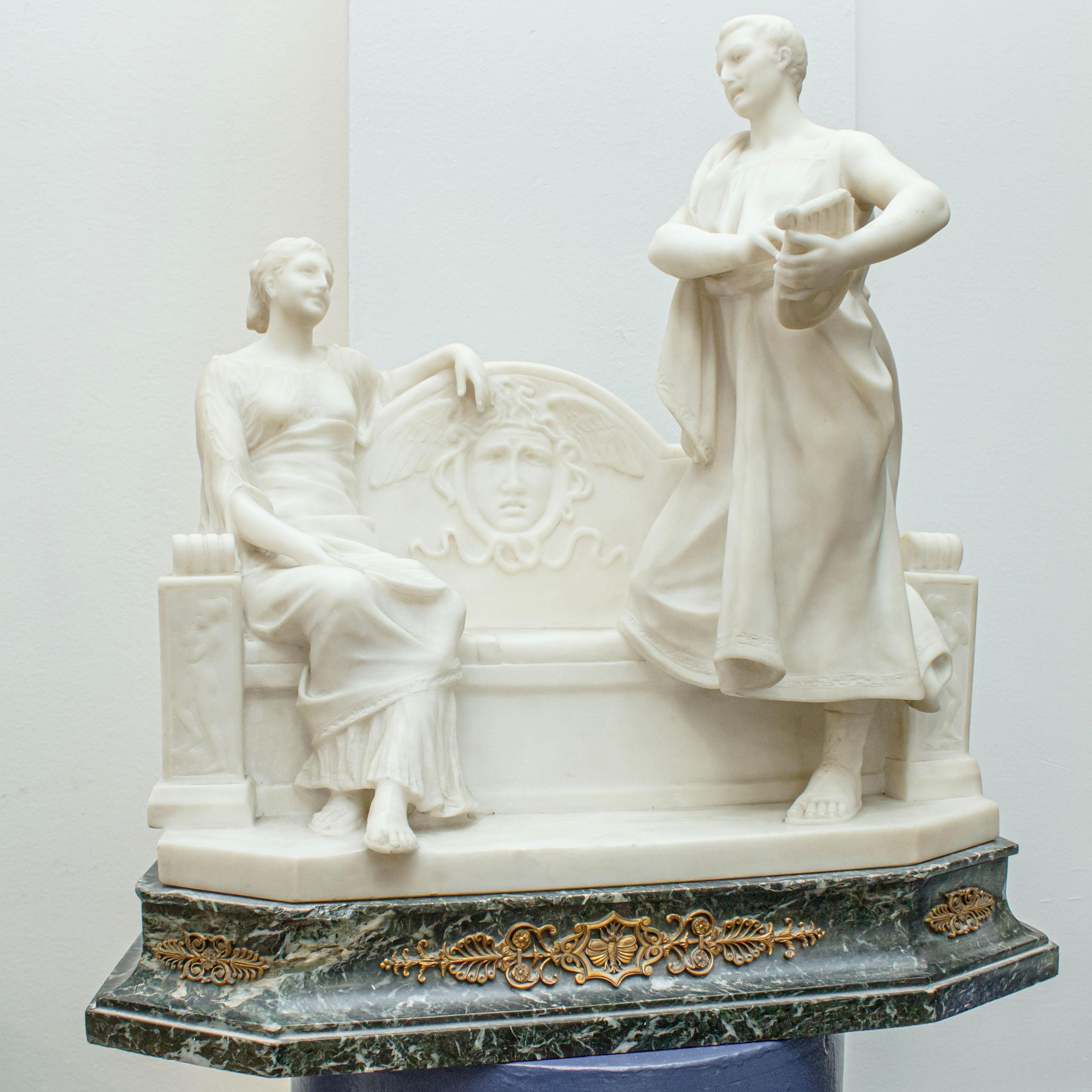 Early 20th century
Gallant scene with citadel 
White marble and green marble from the Alps, cm 59 x 48 x 29
Signed on the back 