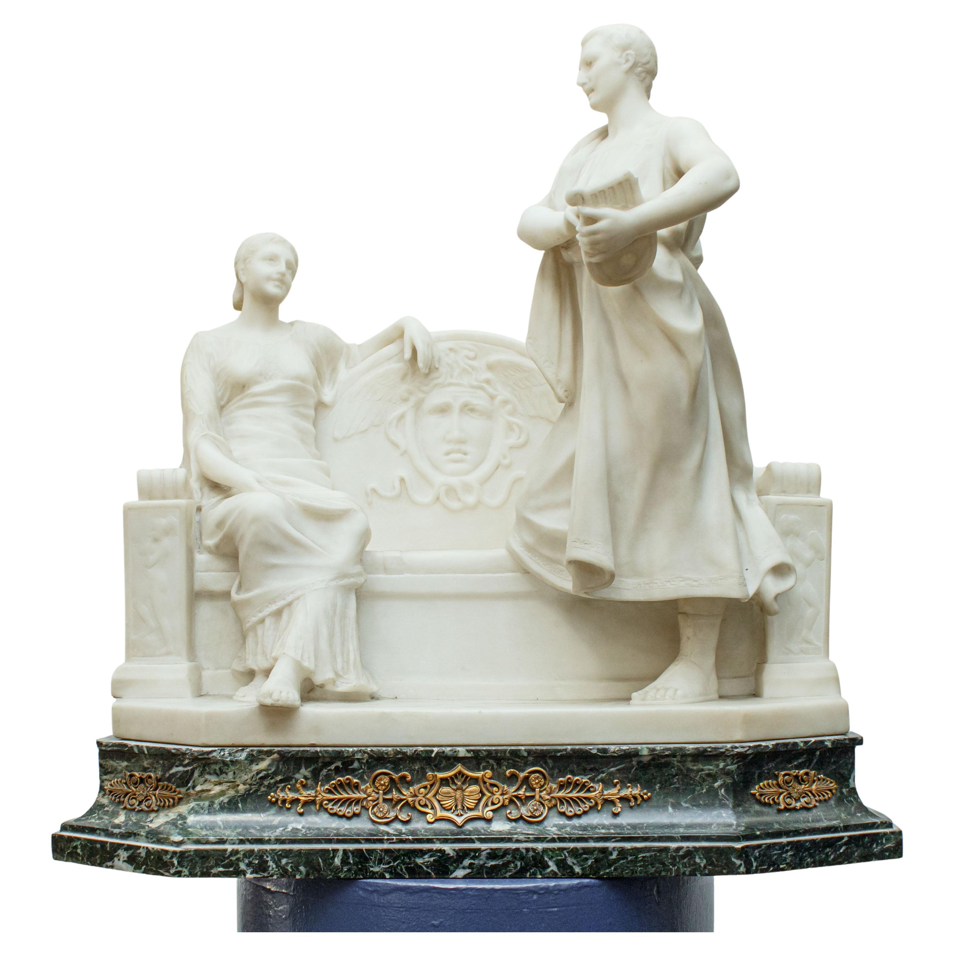 Début du 20e siècle Scène galante avec Citadelle Sculpture en marbre blanc et vert en vente