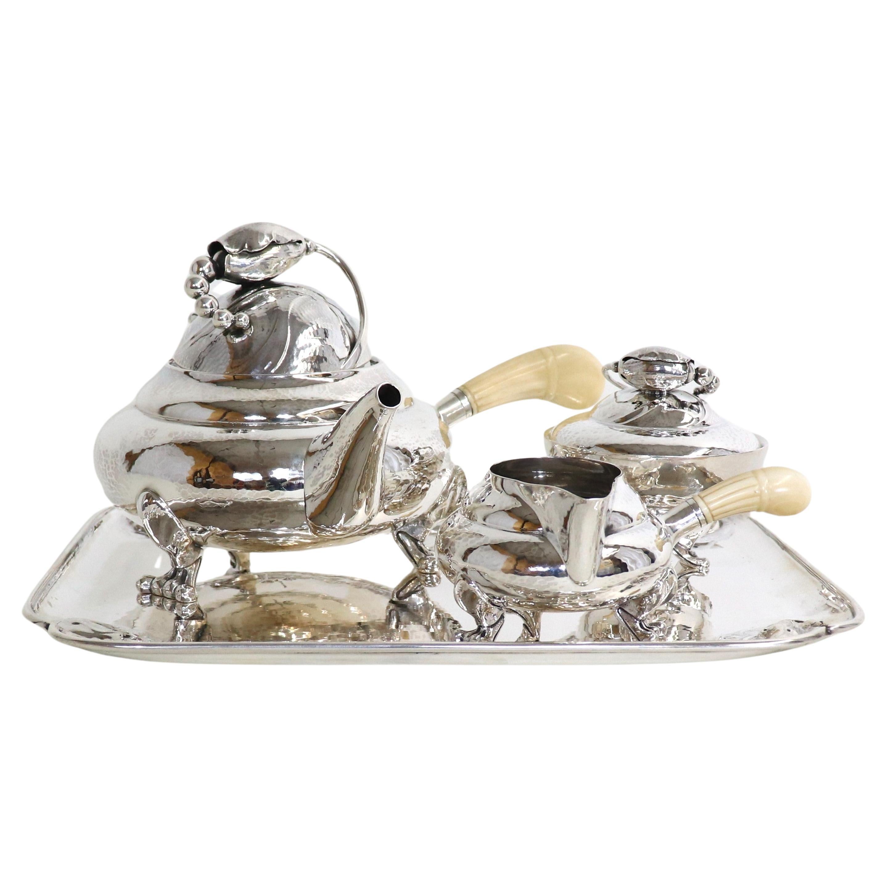 Early 20th Century Georg Jensen Art Nouveau Style ''Blossom'' Sterling Tea Set For Sale