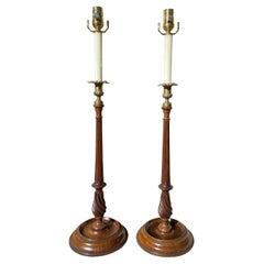 Early 20th Century George III Style Carved Wood & Brass Candlestick Lamps, Pair