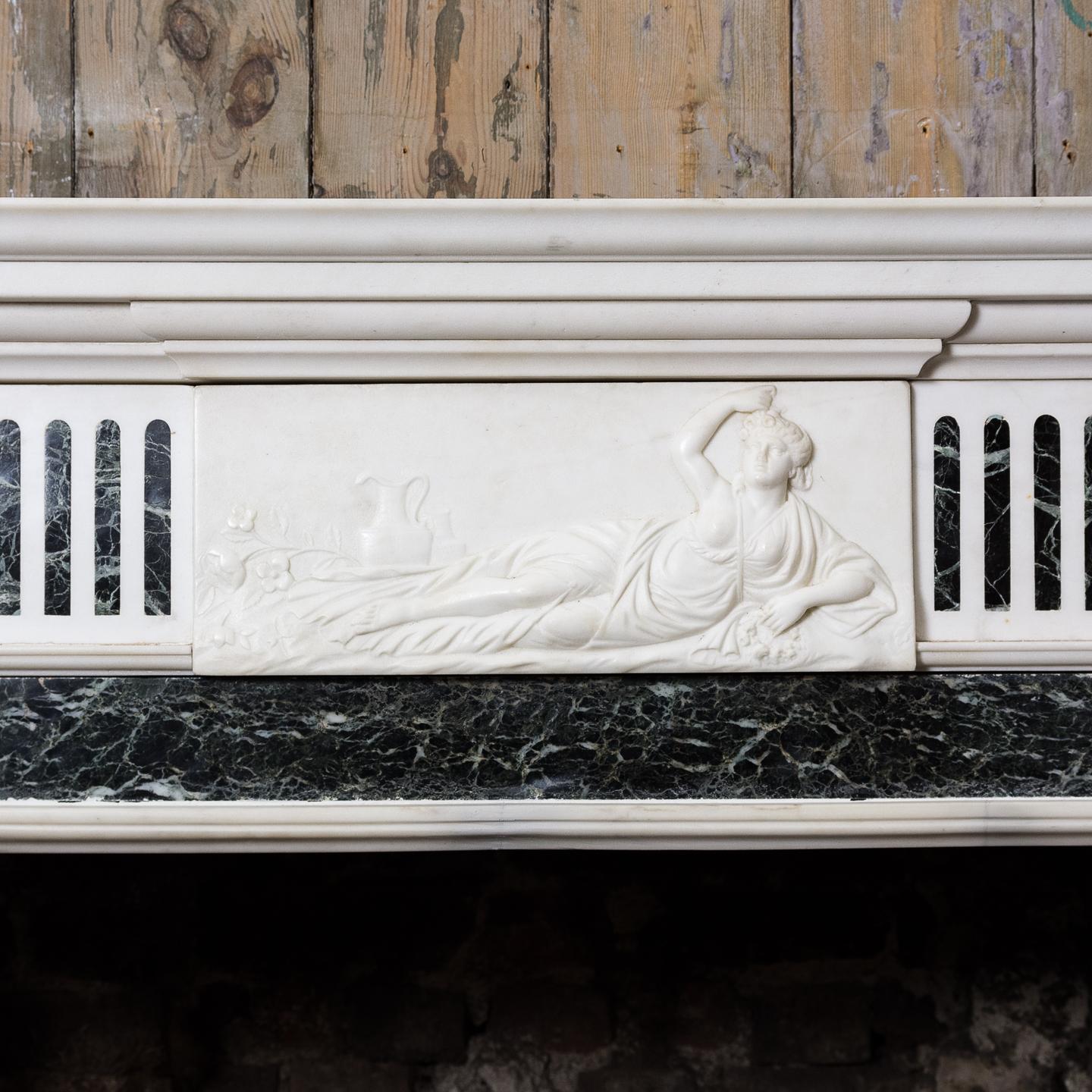 European Early 20th Century George III Style Statuary and Verde Antico Chimneypiece For Sale