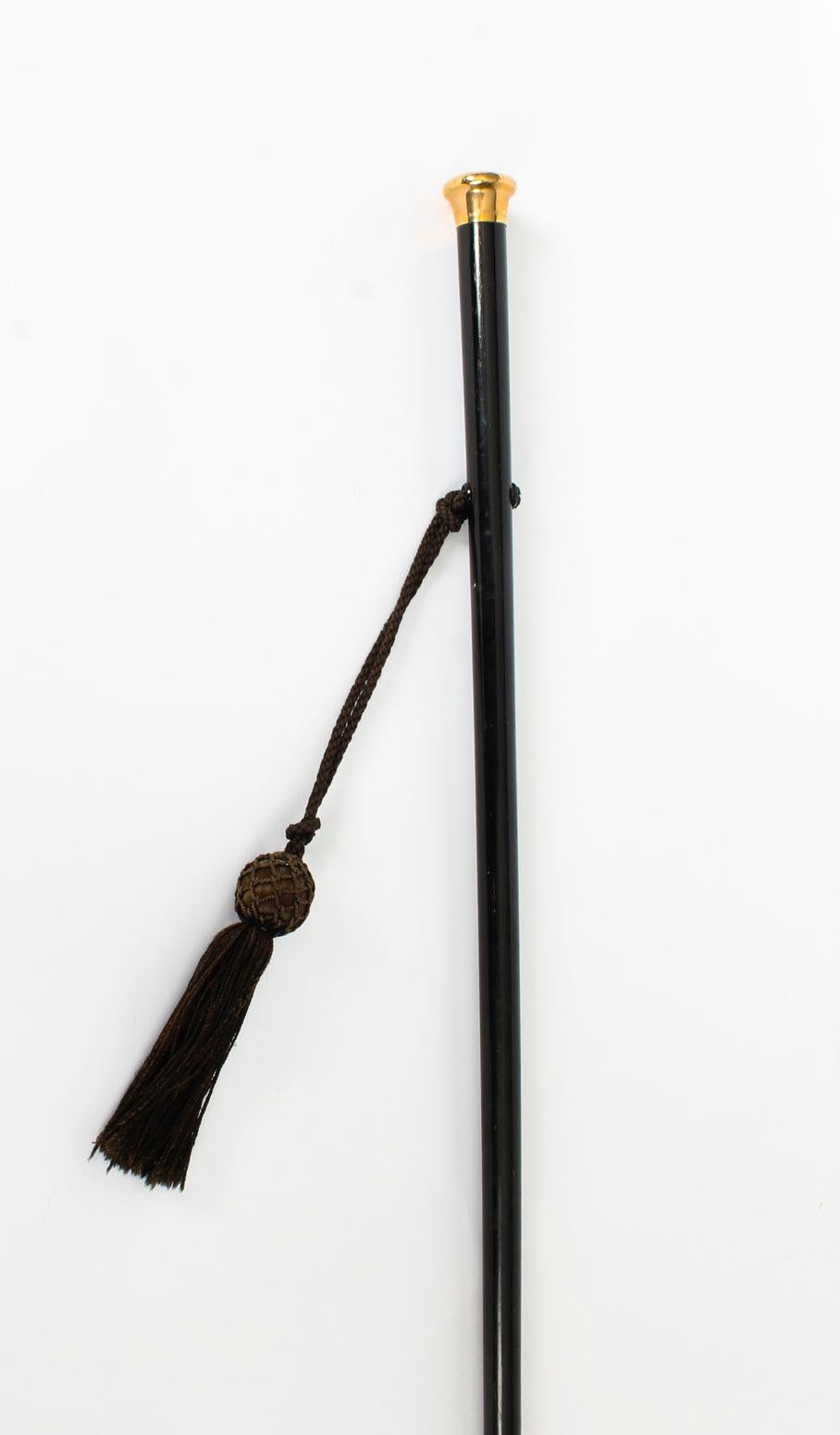 Ebonized Early 20th Century George V Walking Cane Stick 9 Carat Gold Handle