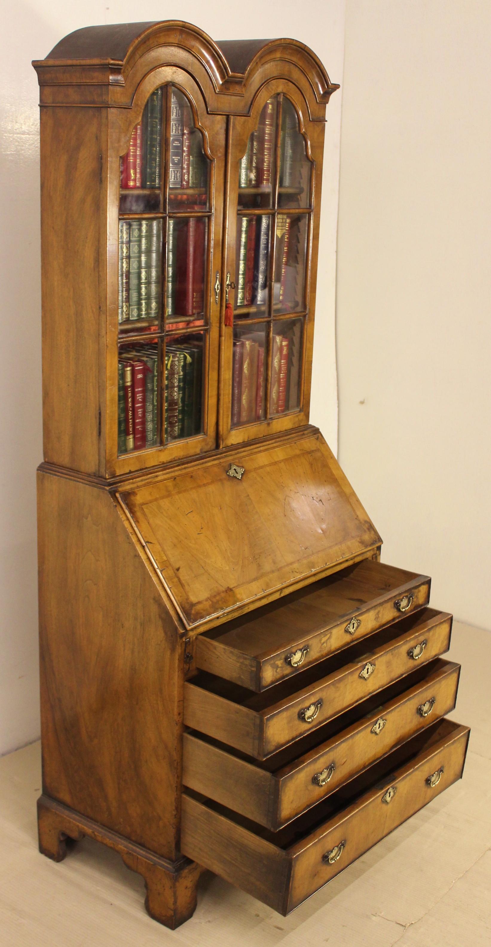 Early 20th Century Georgian Style Burr Walnut Bureau Bookcase For Sale 8