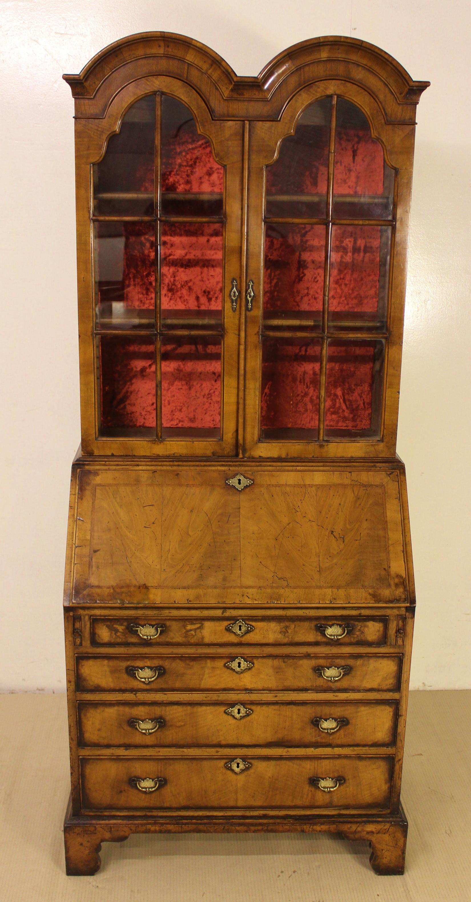 George I Early 20th Century Georgian Style Burr Walnut Bureau Bookcase For Sale