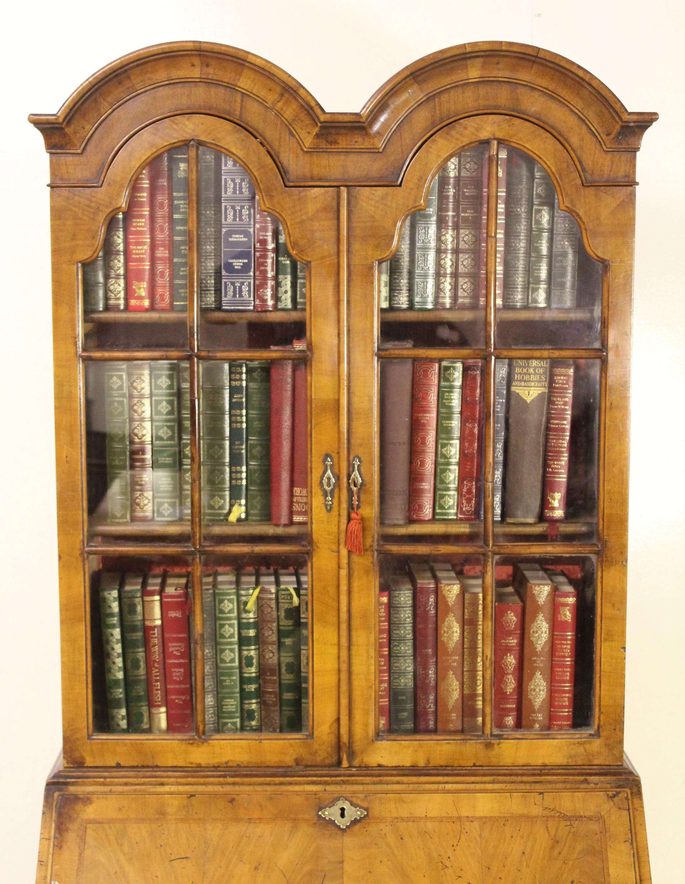 English Early 20th Century Georgian Style Burr Walnut Bureau Bookcase For Sale