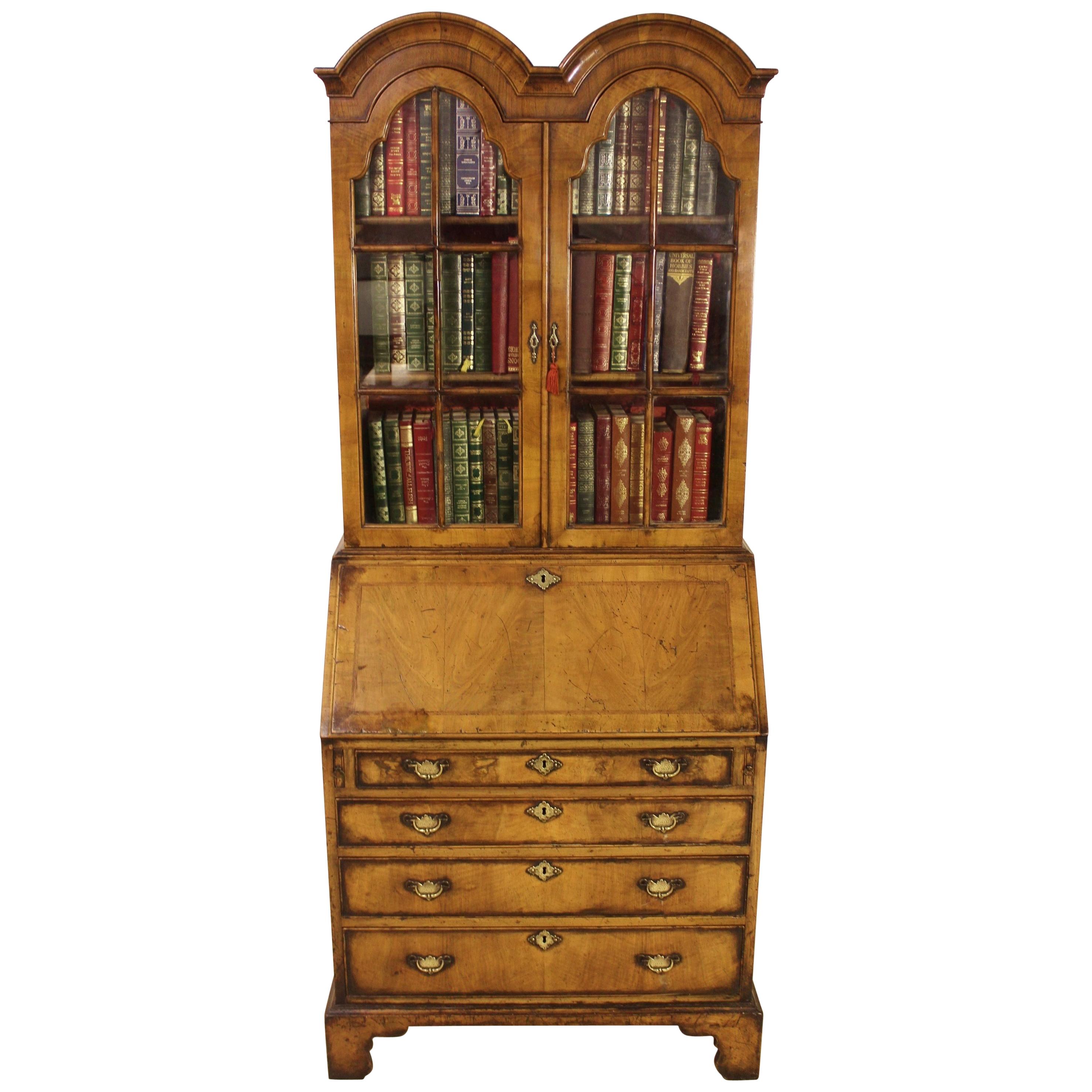 Early 20th Century Georgian Style Burr Walnut Bureau Bookcase For Sale