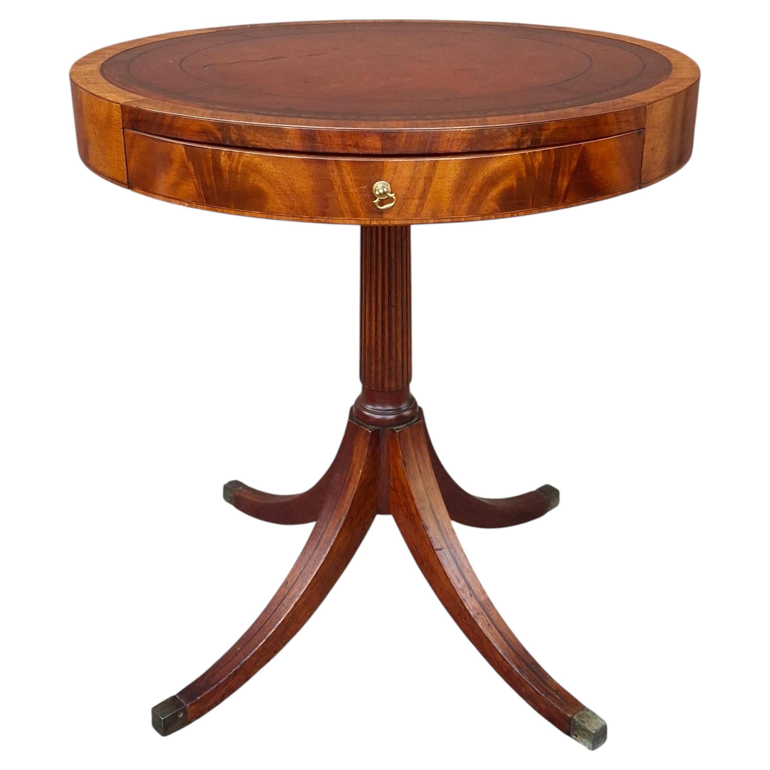 Early 20th Century Georgian Style Tooled Leather Inset Mahogany Drum Table