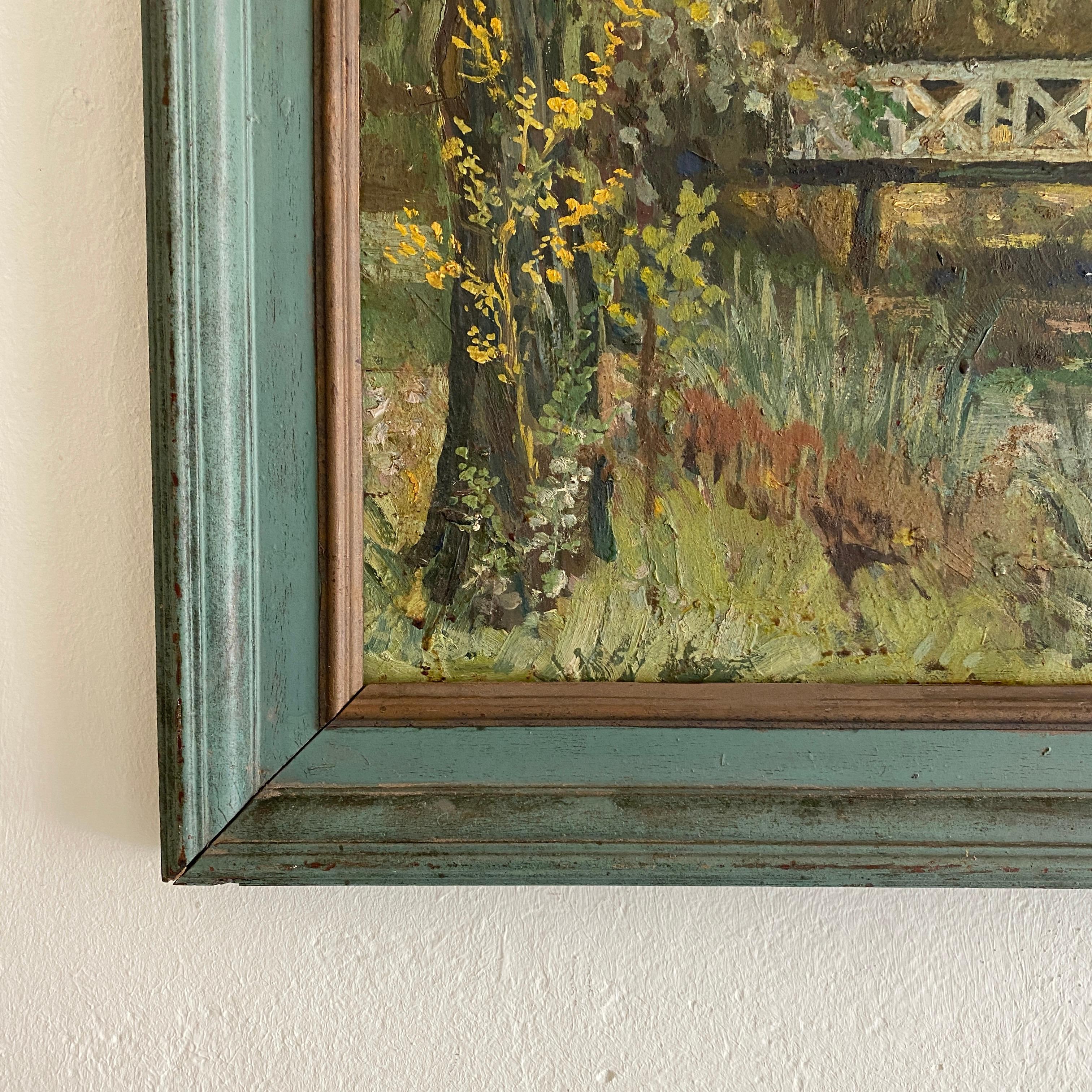 Anfang des 20. Jahrhunderts deutsche Art Deco Landschaft Ölgemälde um 1920 
des deutschen Künstlers Florenz Engelbert Hegemann. 
Das Gemälde ist in Öl auf Holz gemalt und hat den Originalrahmen.
Dieses Gemälde zeigt wahrscheinlich den Park von