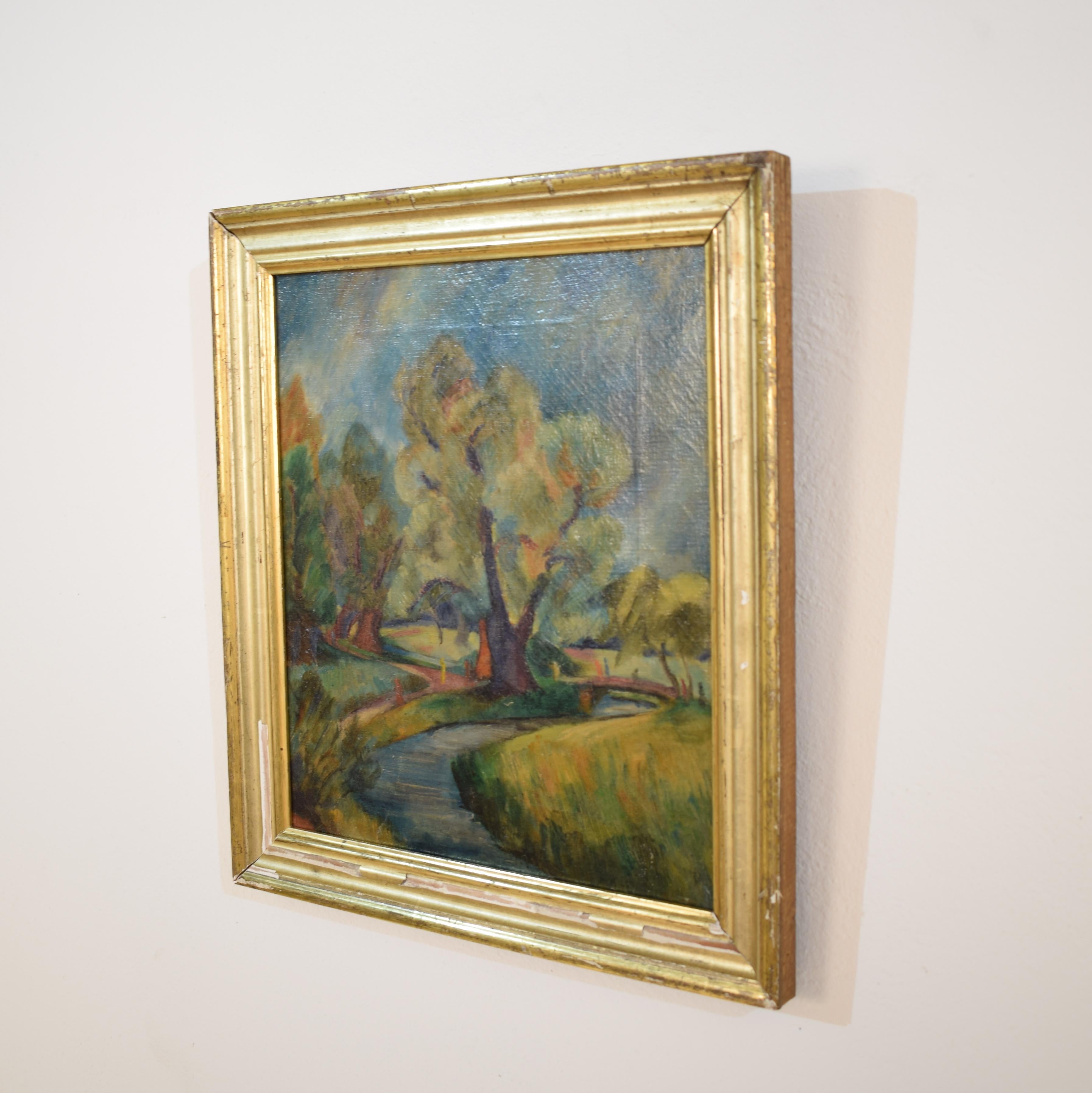 This charming German landscape oil painting on canvas shows a park scene. It is very beautifully painted and looks a bit like Chagall or Monet. 
The painting comes with an old frame. 
The measurements without frame are: 28.5 cm, 33cm. 
A unique