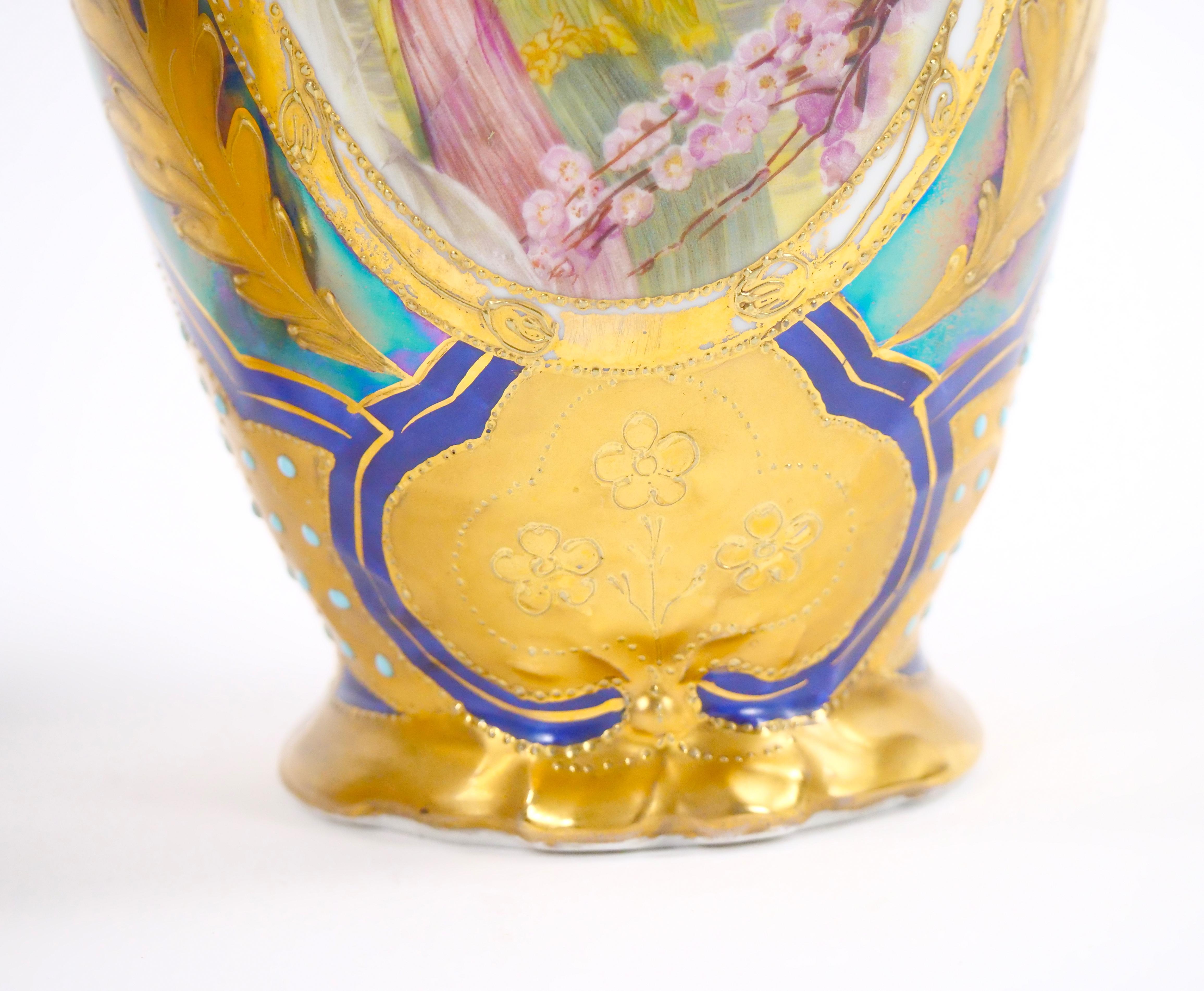 Early 20th Century German Art Nouveau Hand-Painted / Gilt Porcelain Vases For Sale 6