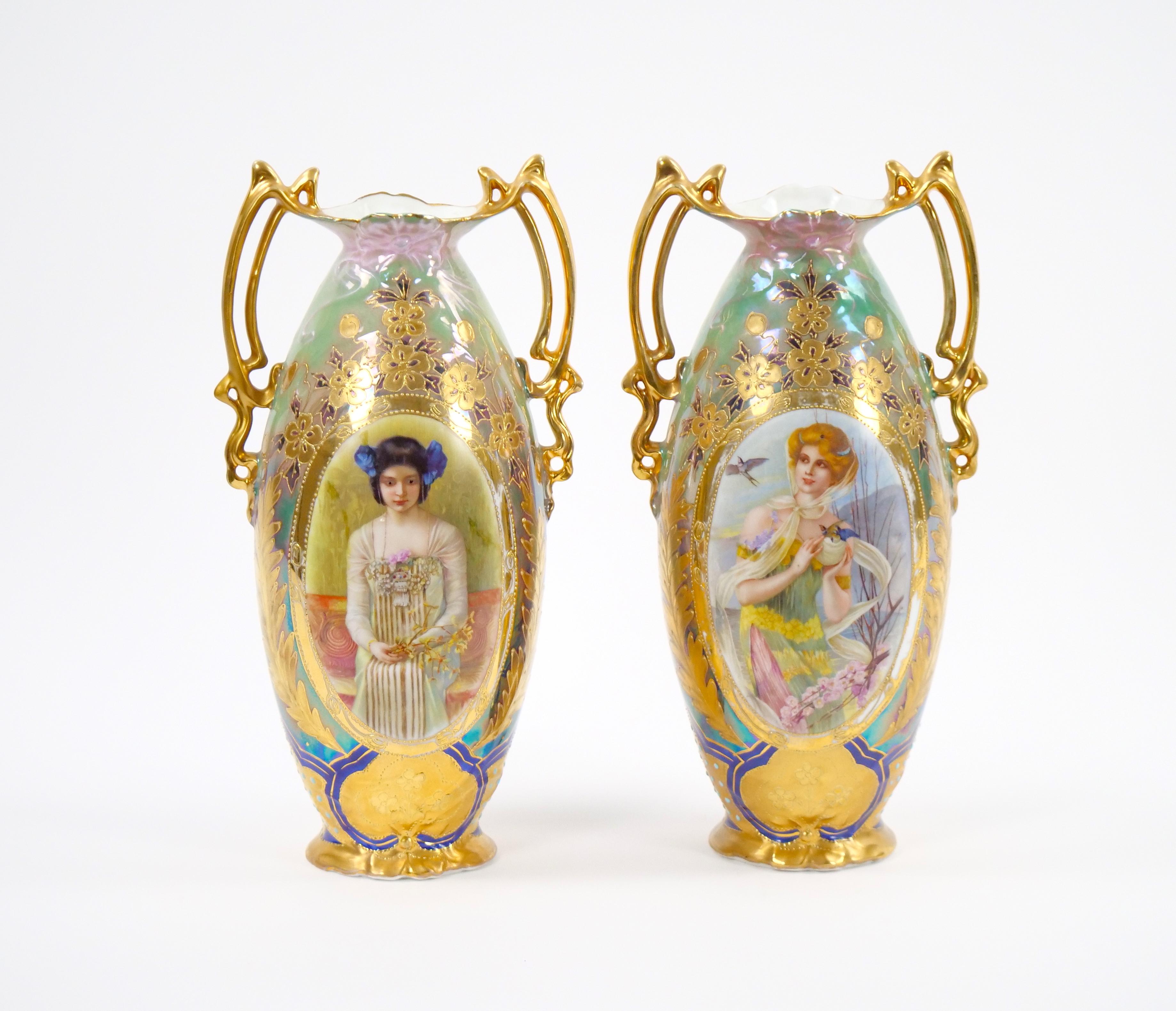 Early 20th Century German Art Nouveau Hand-Painted / Gilt Porcelain Vases For Sale 16