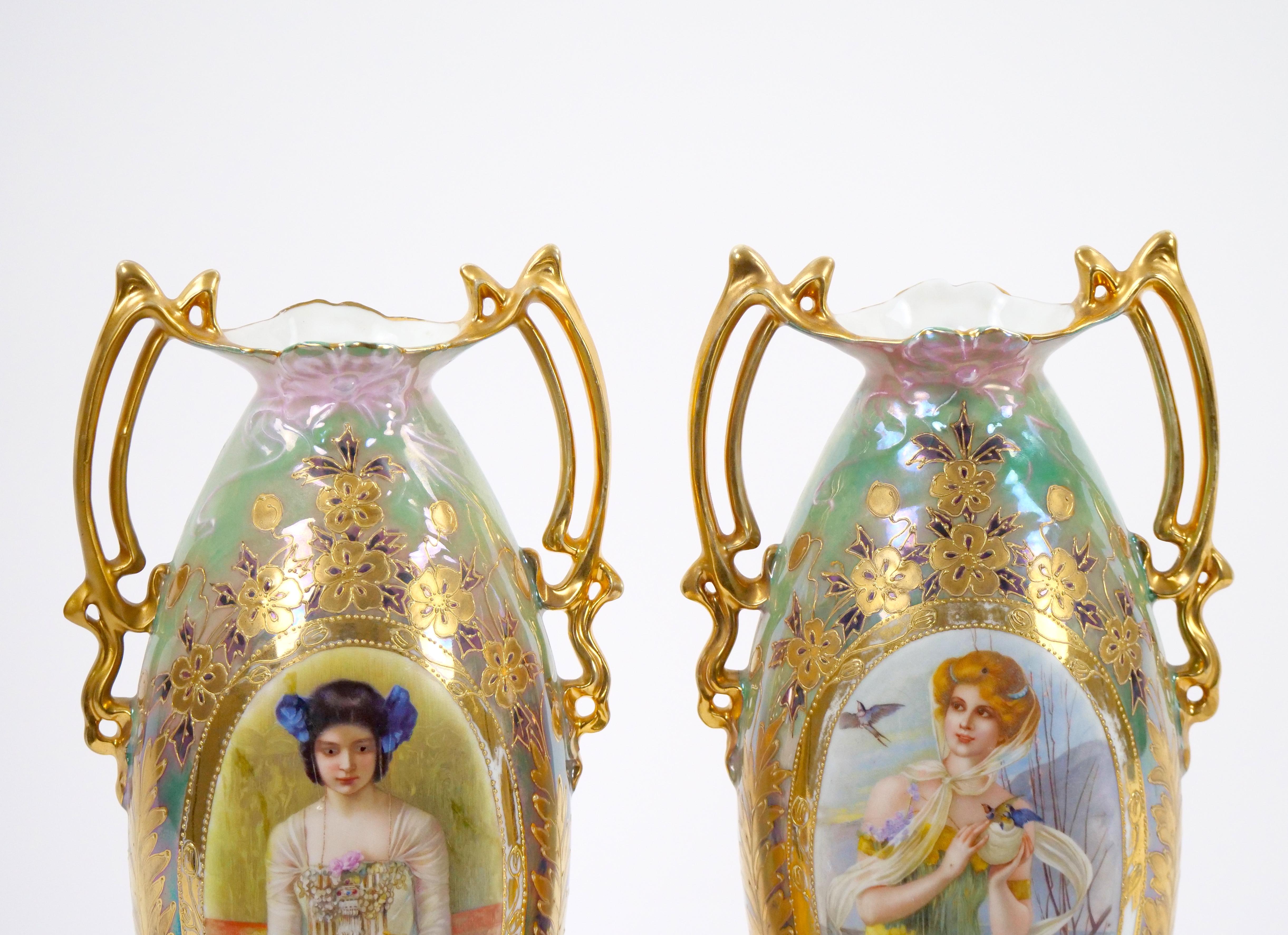 Early 20th Century German Art Nouveau Hand-Painted / Gilt Porcelain Vases In Good Condition For Sale In Tarry Town, NY