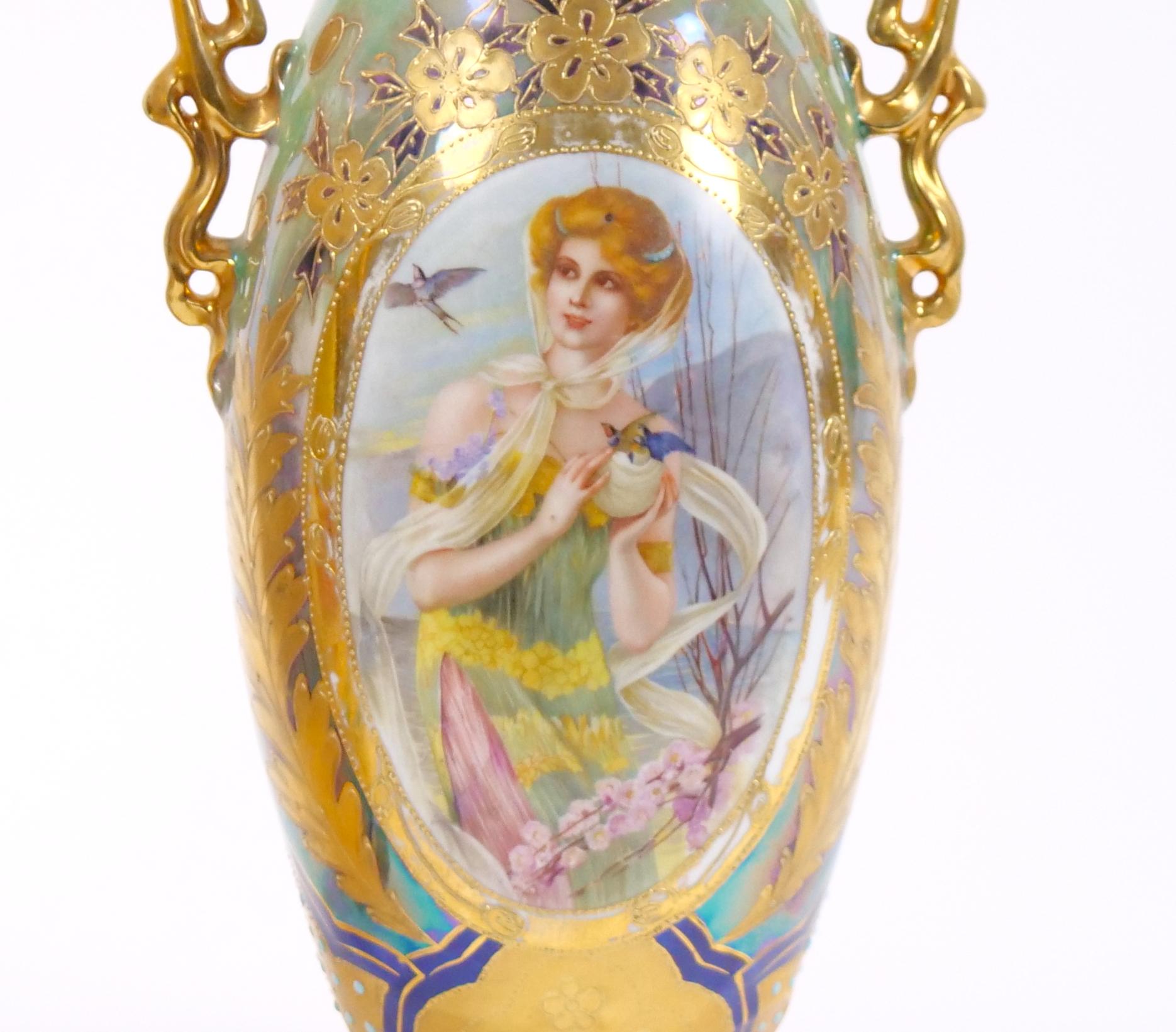 Gold Early 20th Century German Art Nouveau Hand-Painted / Gilt Porcelain Vases For Sale