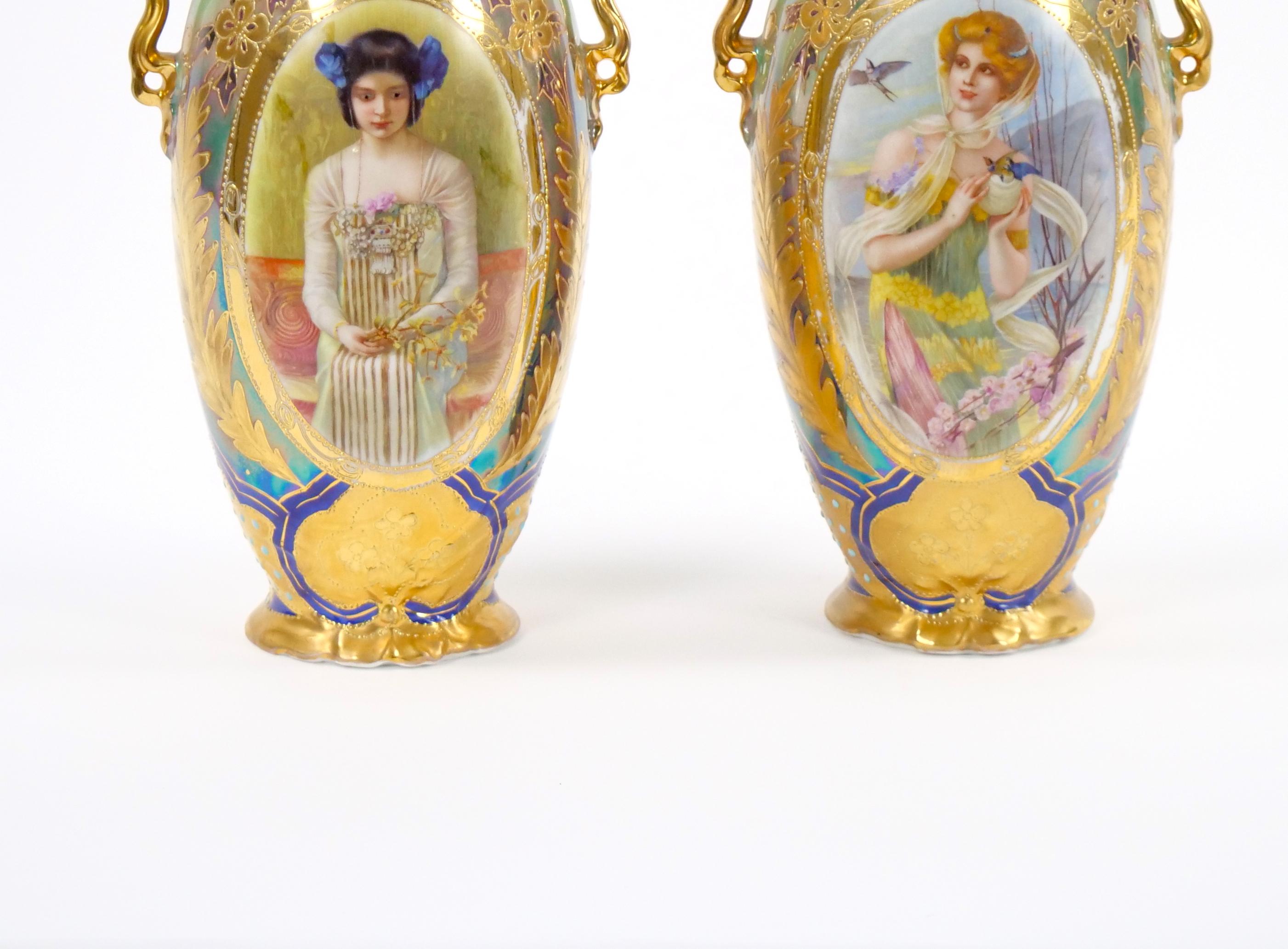 Early 20th Century German Art Nouveau Hand-Painted / Gilt Porcelain Vases For Sale 2