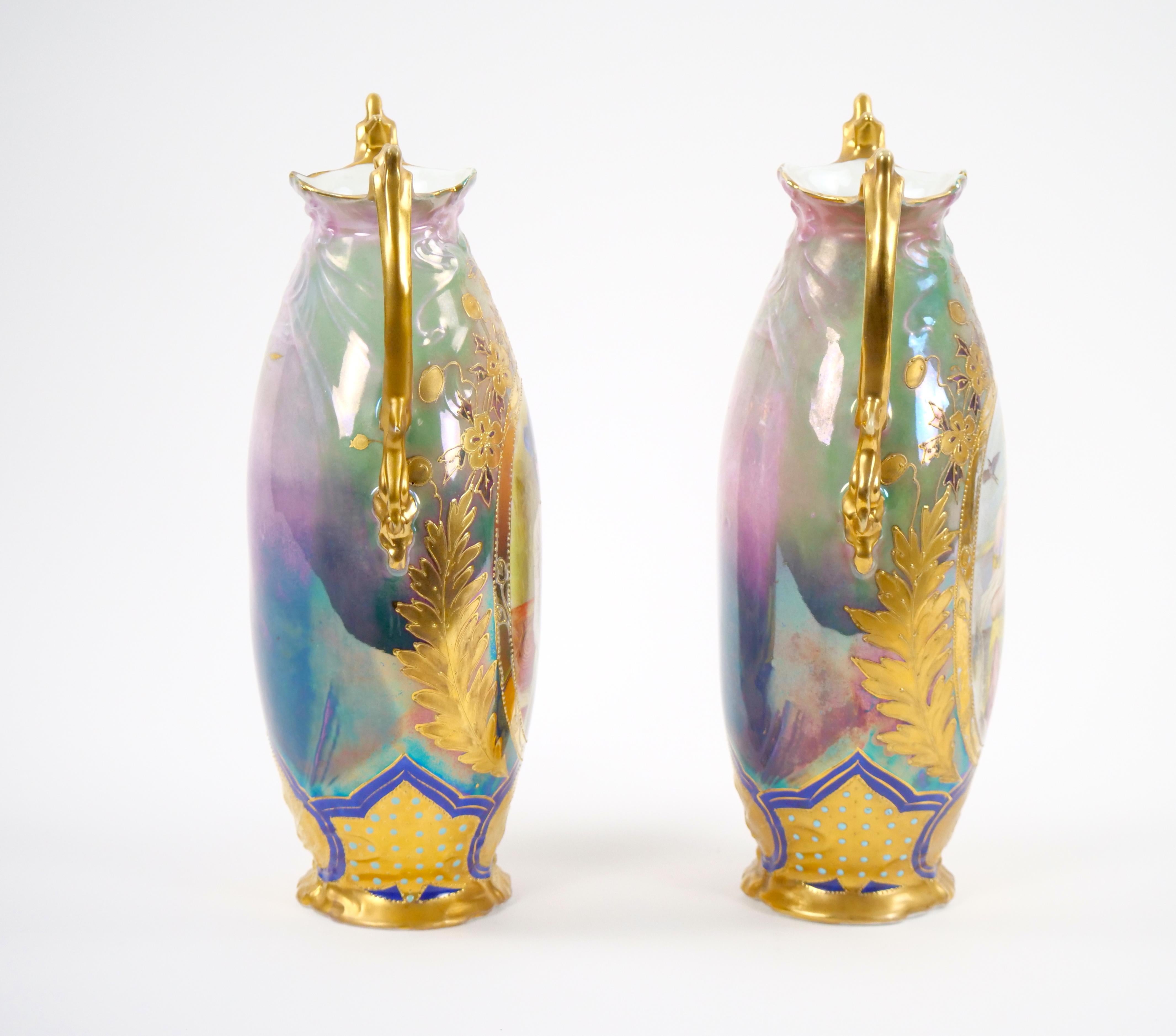 Early 20th Century German Art Nouveau Hand-Painted / Gilt Porcelain Vases For Sale 3