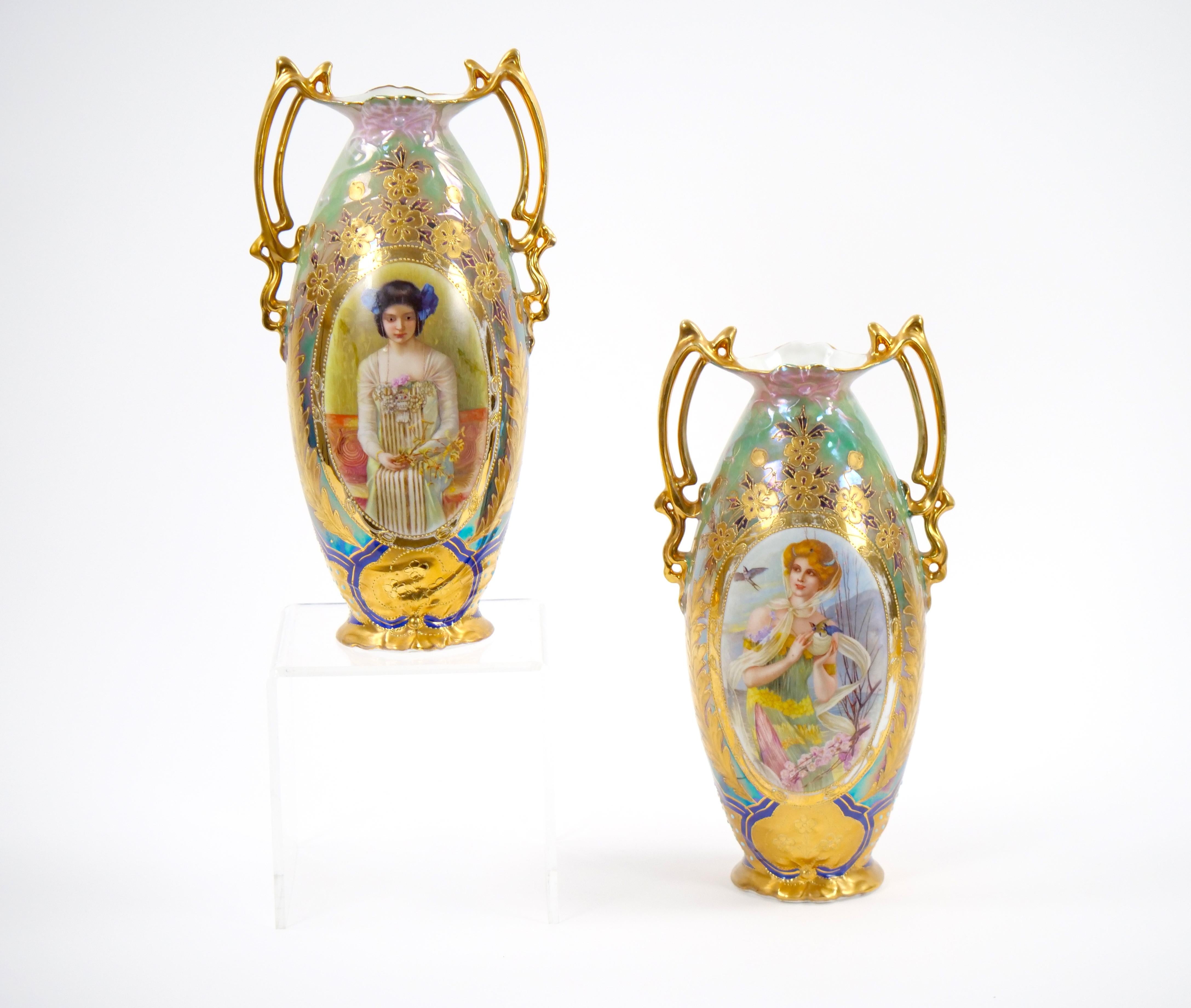 Early 20th Century German Art Nouveau Hand-Painted / Gilt Porcelain Vases For Sale 5