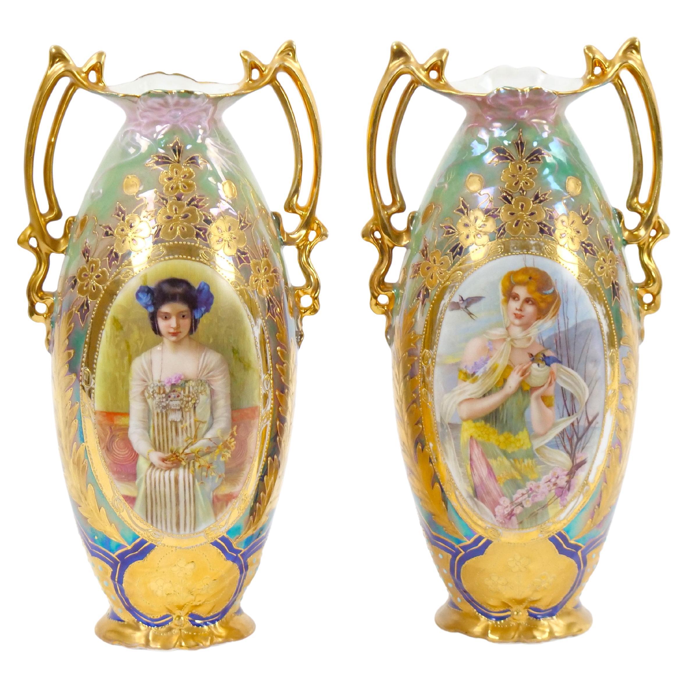 Early 20th Century German Art Nouveau Hand-Painted / Gilt Porcelain Vases For Sale