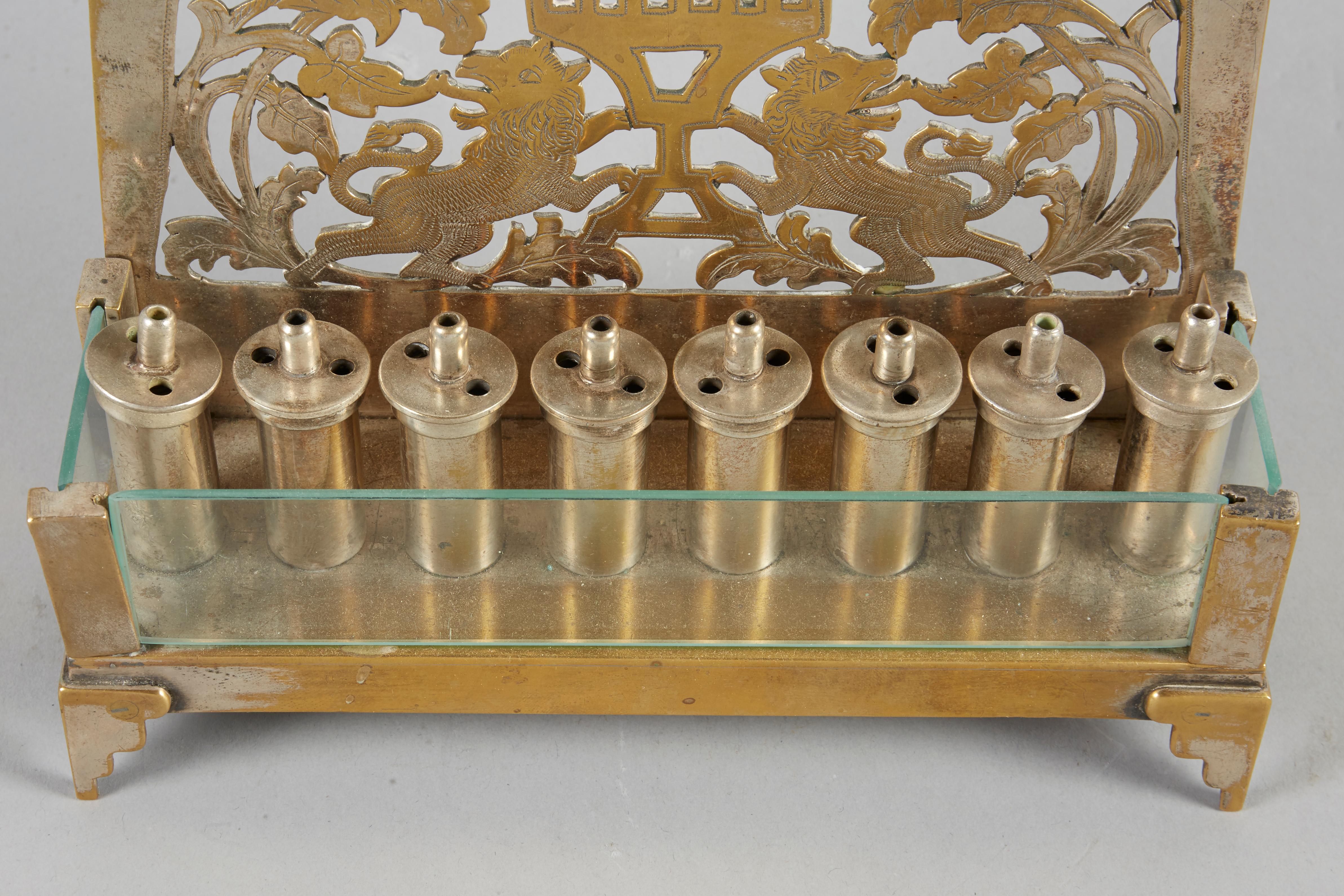 Engraved Early 20th Century German Brass and Glass Hanukkah Lamp Menorah
