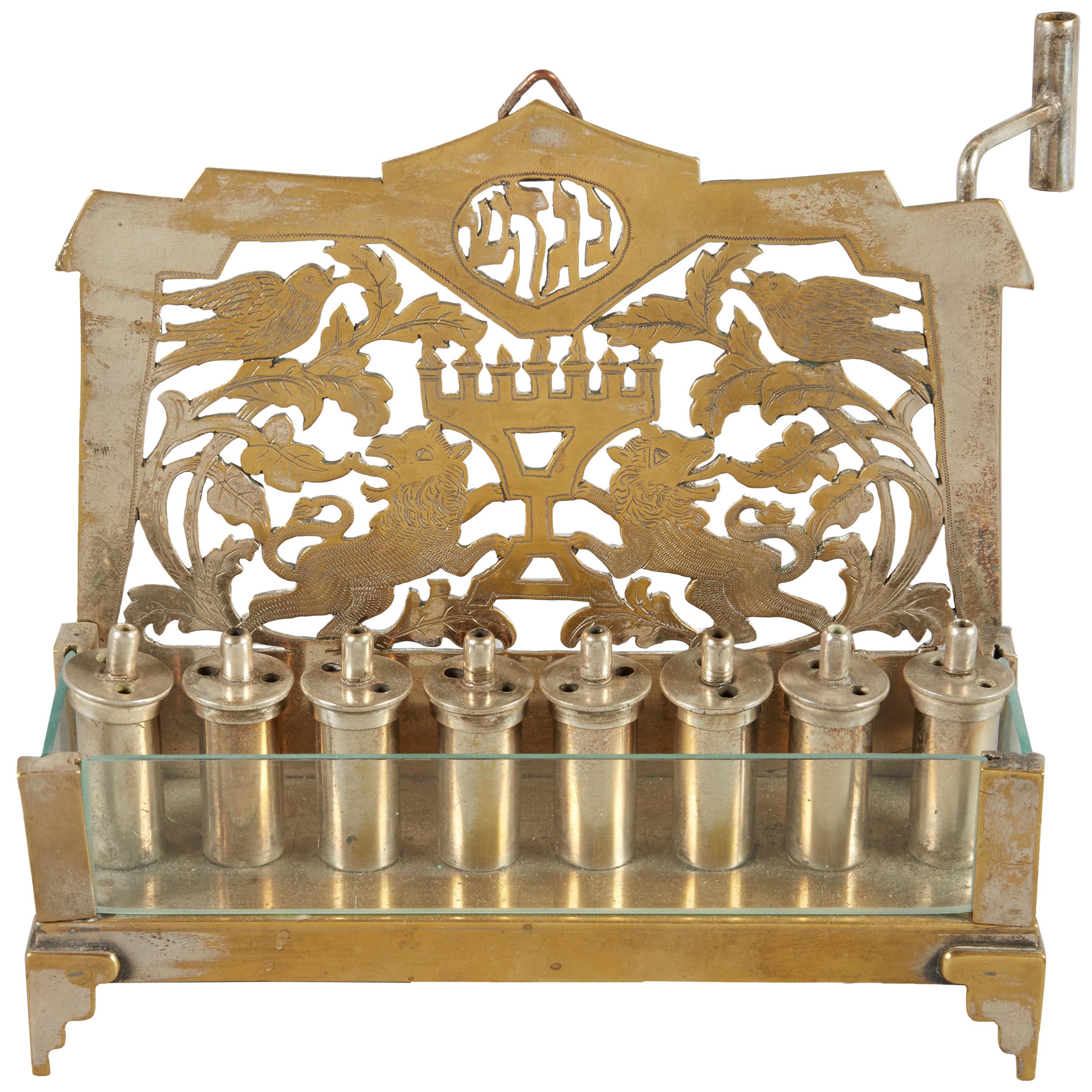 Early 20th Century German Brass and Glass Hanukkah Lamp Menorah