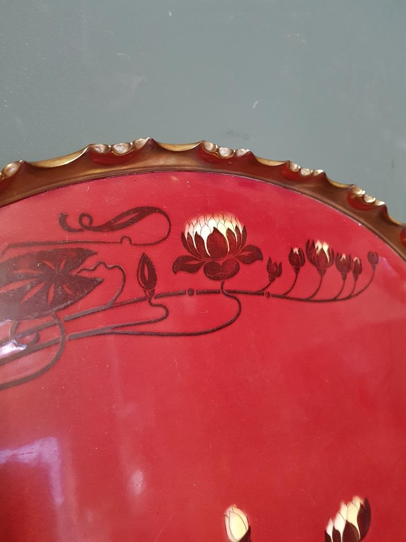 19th Century Early 20th Century German Jugendstil Serving Tray with Brass Border For Sale