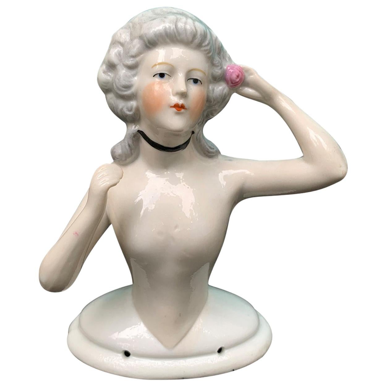 Early 20th Century German Porcelain Marie Antoinette Style Half-Doll Figure For Sale