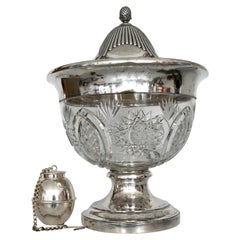 Bol à punch allemand du début du 20ème siècle en cristal taillé et argent, vers 1900