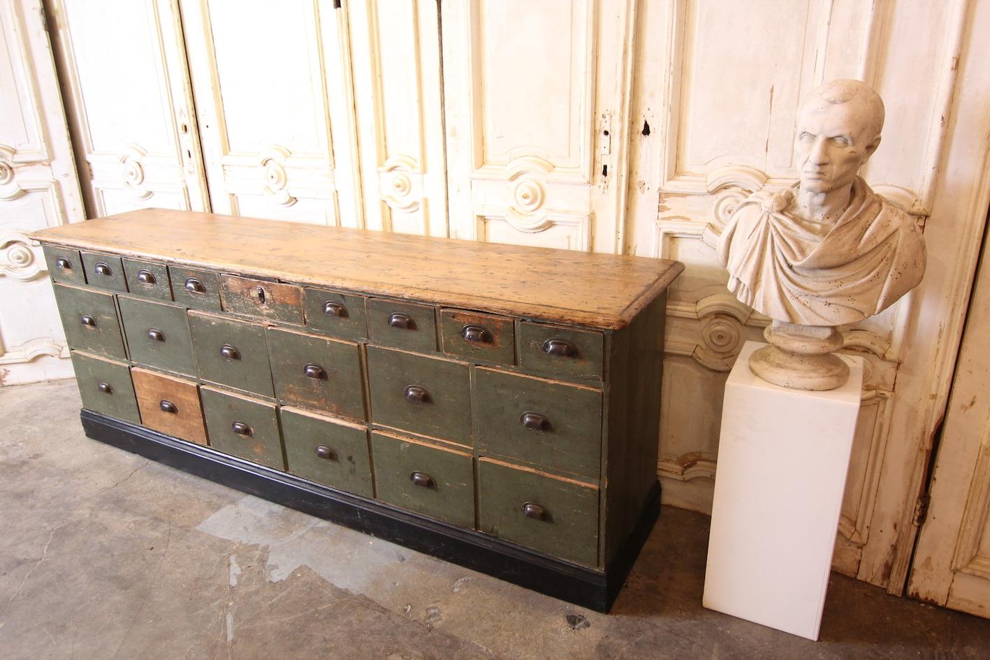 Industrial Early 20th Century German Shop Counter or Bank of Drawers in Original Paint