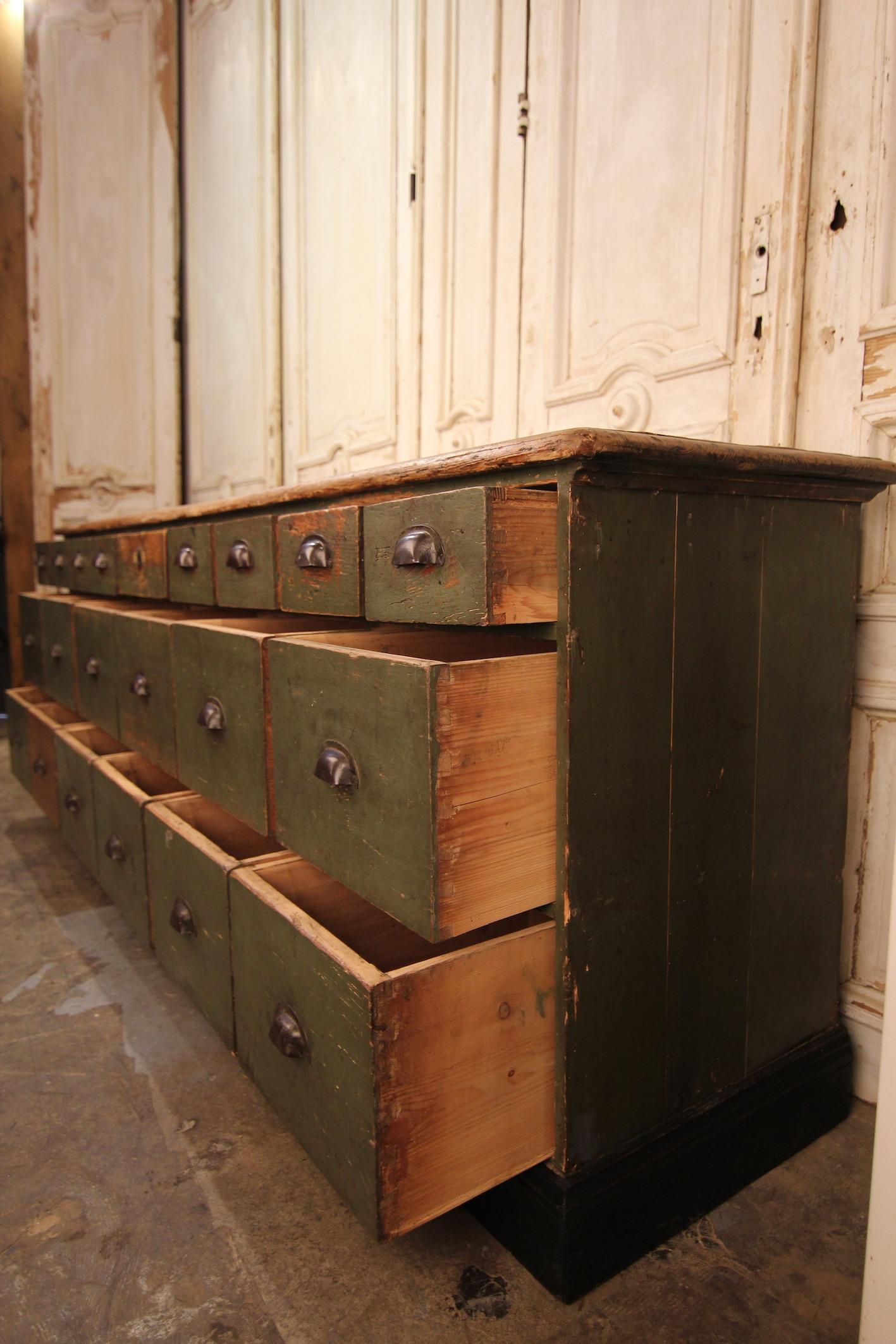 Pine Early 20th Century German Shop Counter or Bank of Drawers in Original Paint