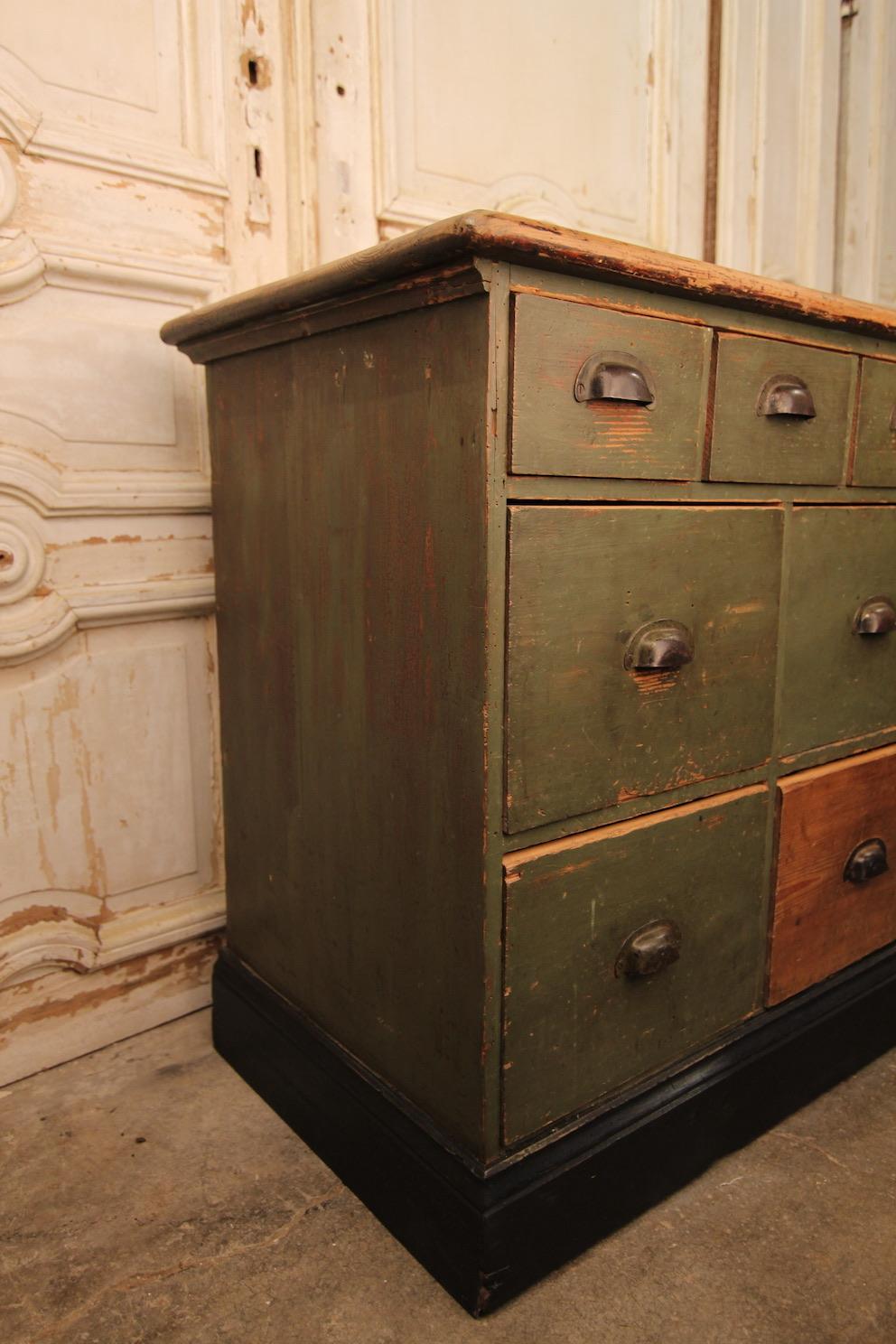 Early 20th Century German Shop Counter or Bank of Drawers in Original Paint 1
