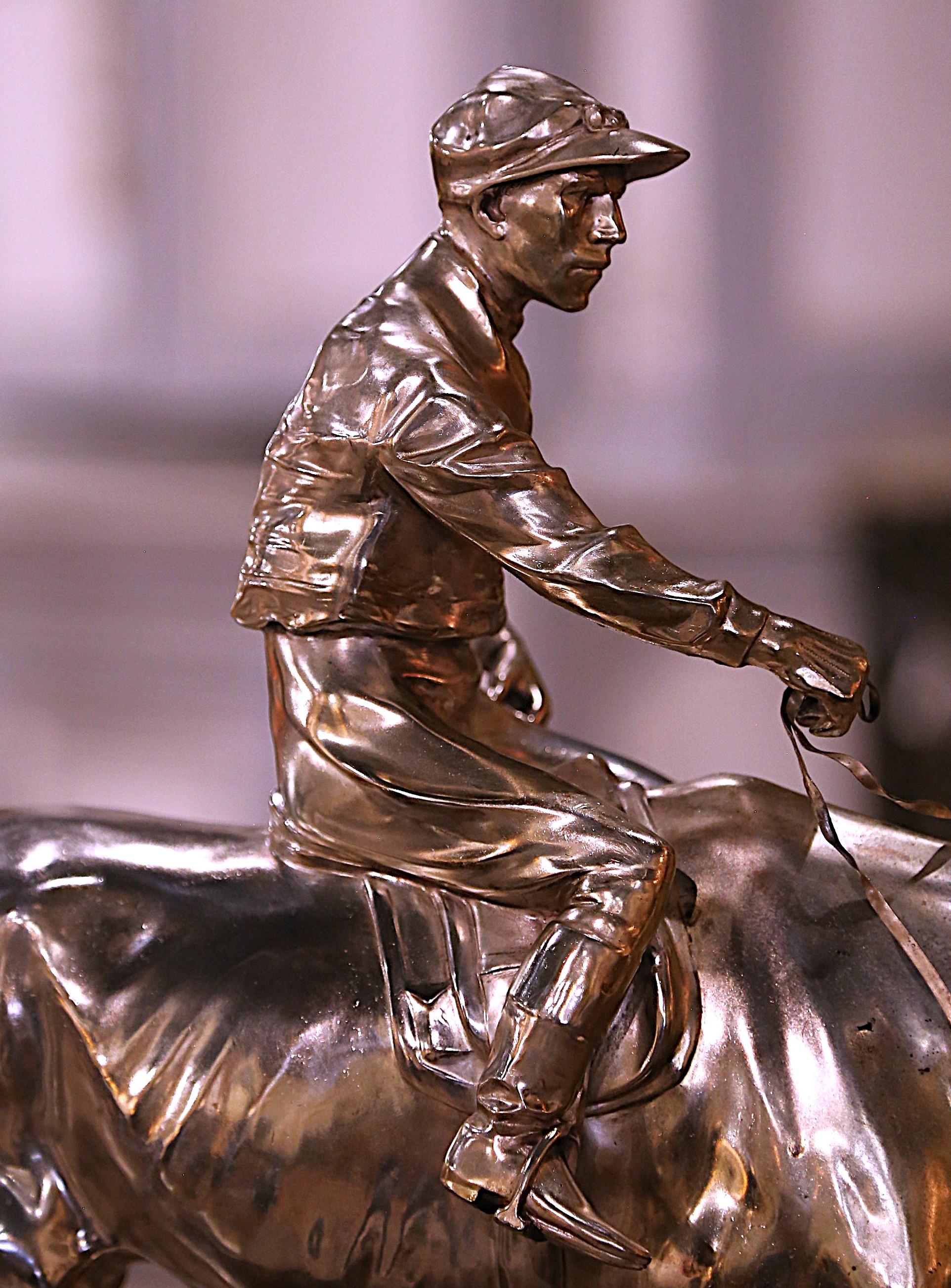 Early 20th Century German Silvered Jockey and Horse Sculpture Signed 