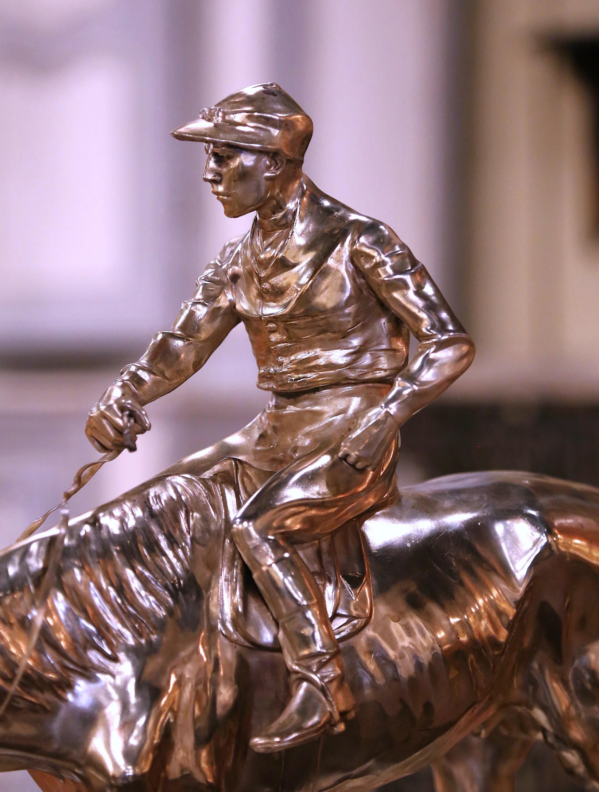 Patinated Early 20th Century German Silvered Jockey and Horse Sculpture Signed 