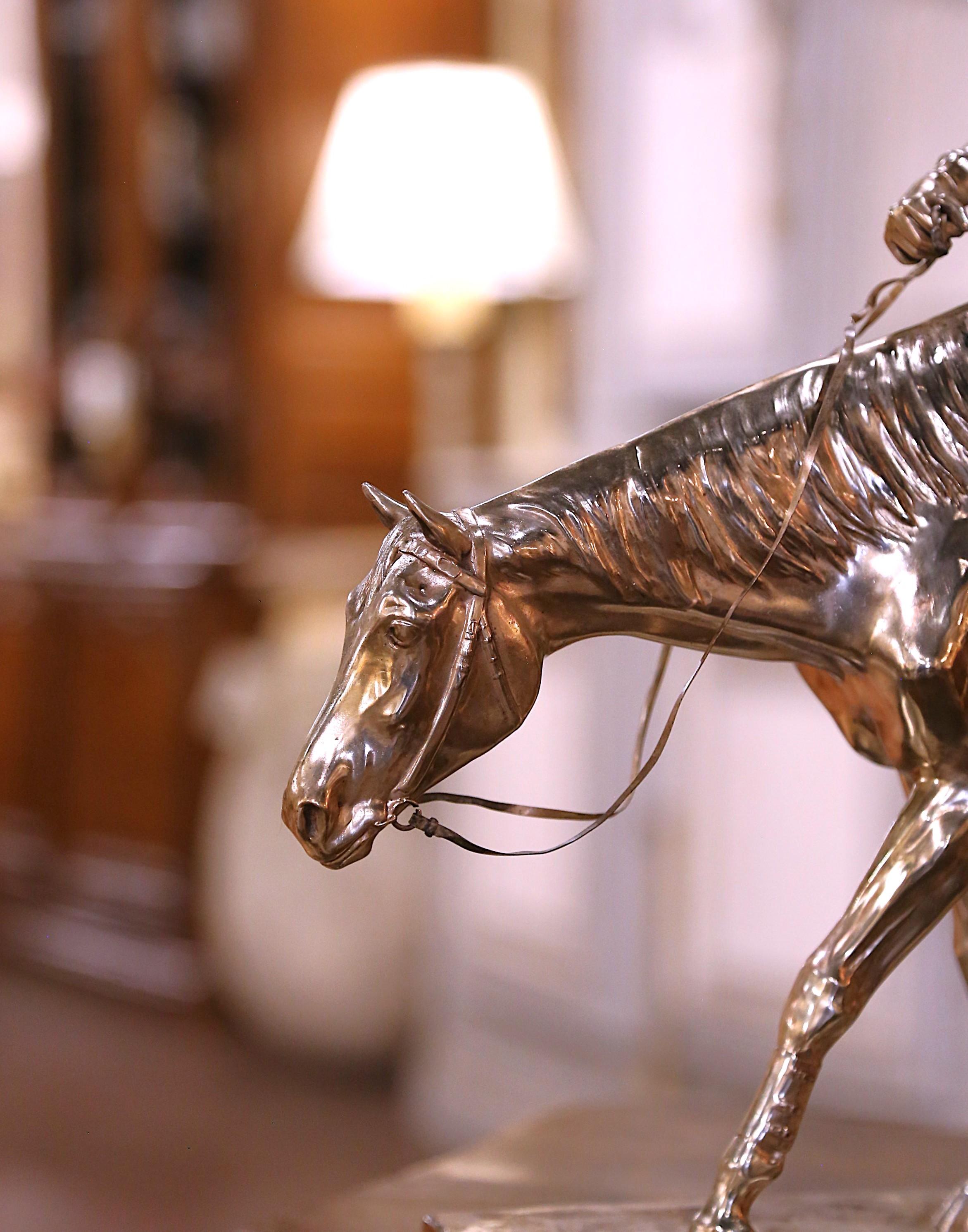 Metal Early 20th Century German Silvered Jockey and Horse Sculpture Signed 