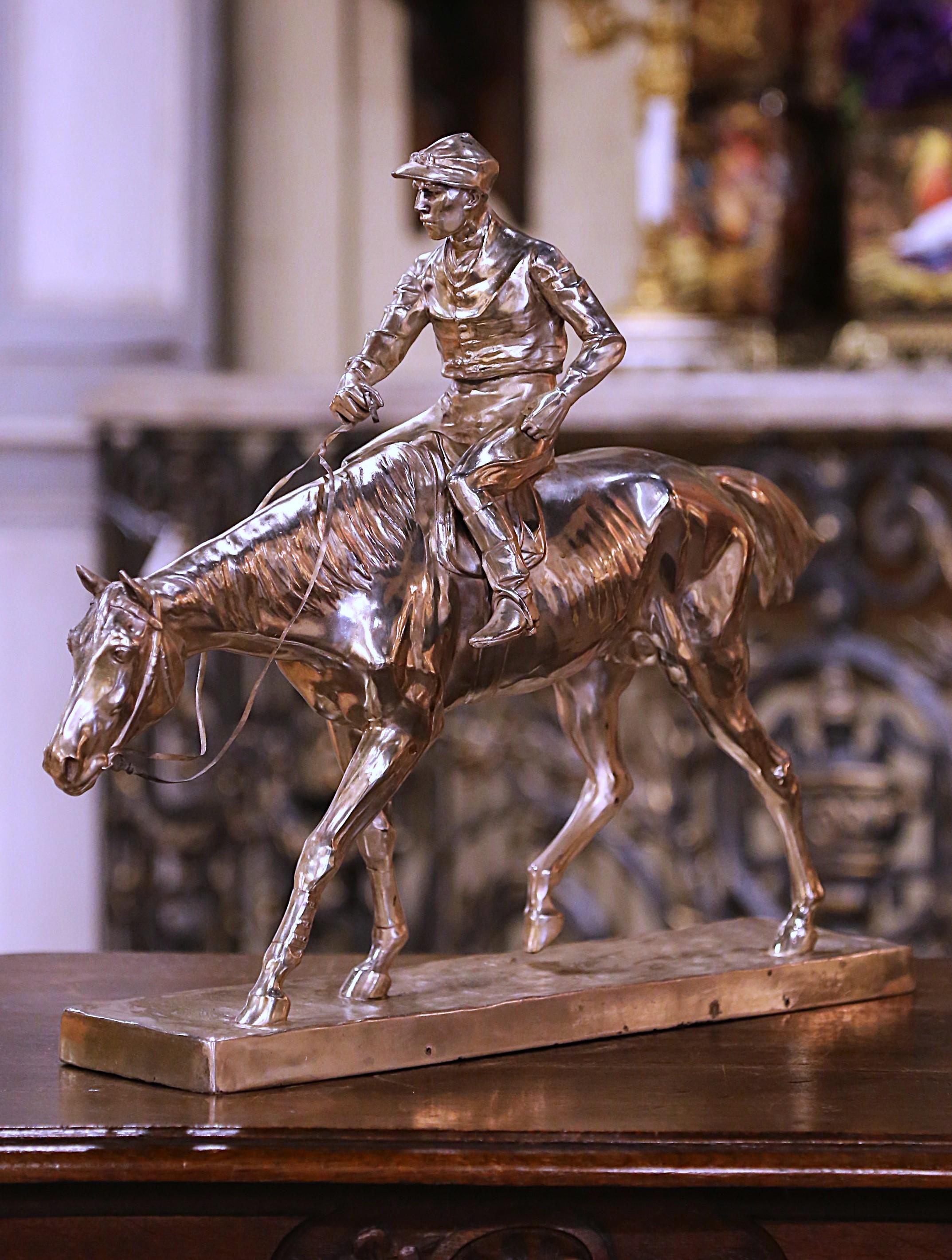 Early 20th Century German Silvered Jockey and Horse Sculpture Signed 