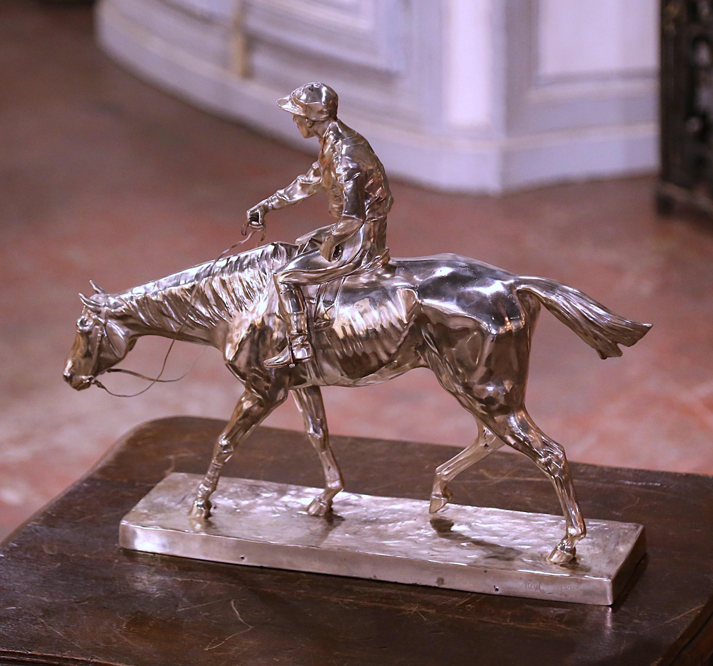 Early 20th Century German Silvered Jockey and Horse Sculpture Signed 
