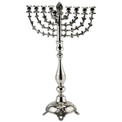 Antique Early 20th Century German Synagogue Silver Hanukkah Lamp Menorah