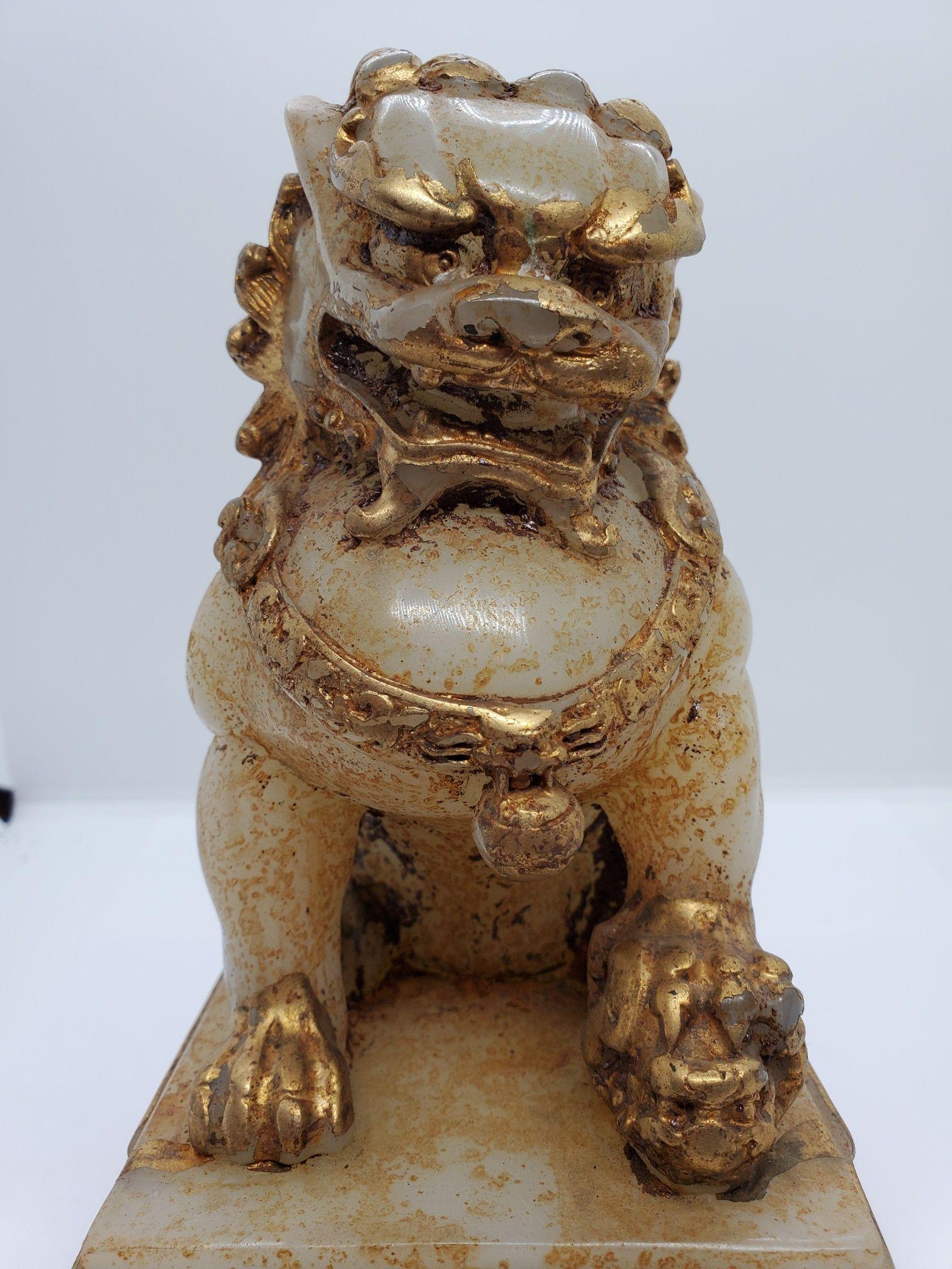 Early 20th Century Gilded Stone Foo Dog For Sale 3