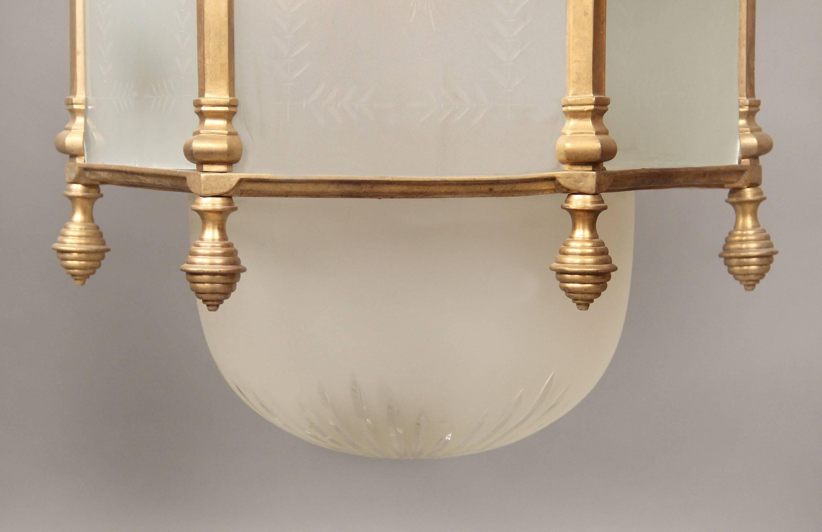 Frosted Early 20th Century Gilt Bronze and Etched Glass Lantern For Sale